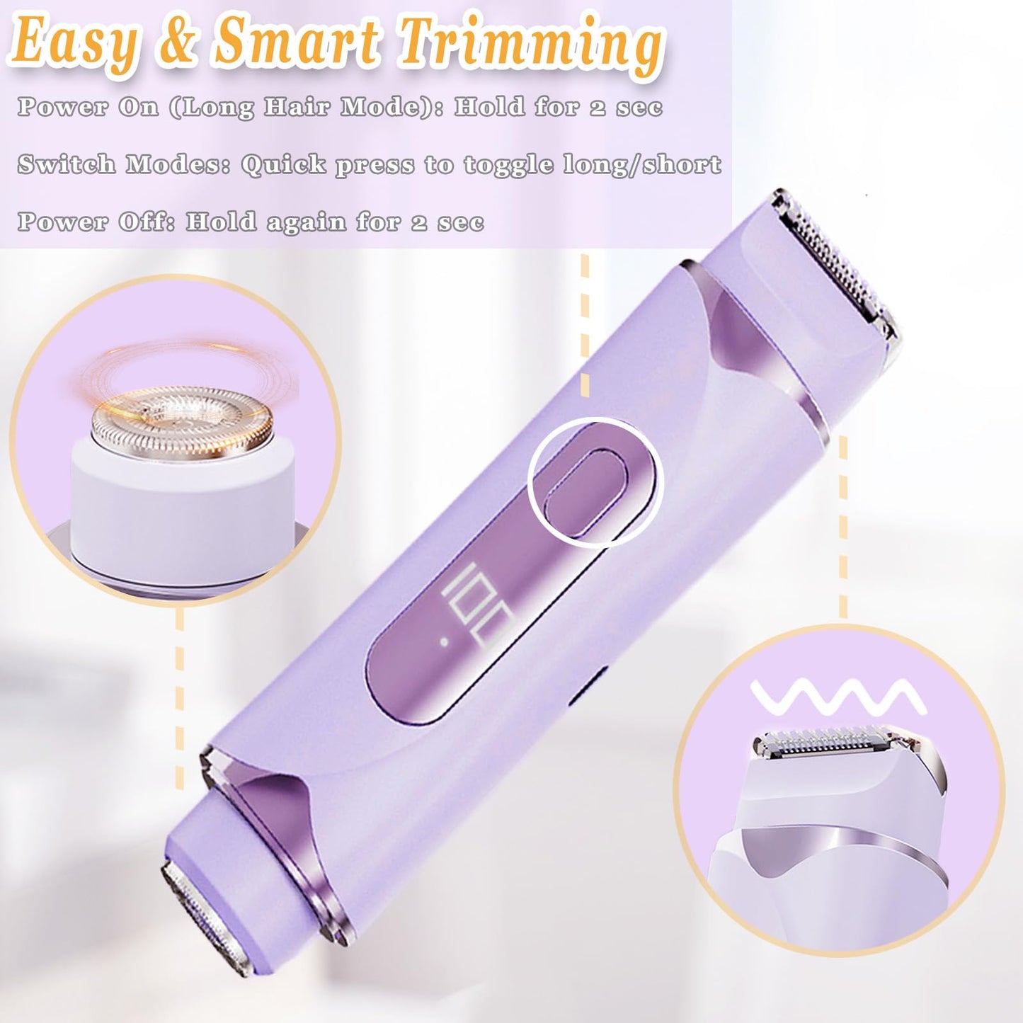Veyuli Bikini Trimmer for Women & Body Shaver | Dual Head Electric Razor for Pubic Hair with Multi-Guard Protection | Rechargeable with Display Smooth Trimming for Bikini, Face, Legs, Underarms, Arms