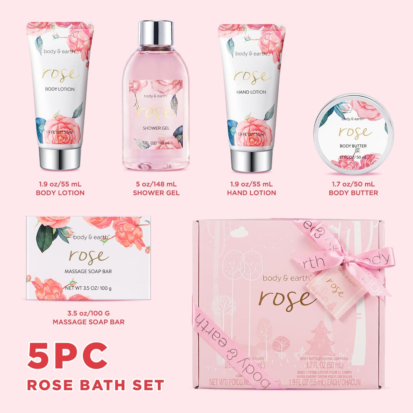 Spa Gift Set for Women - Luxurious 5-Piece Bath & Body Box | Rose Scent, Body Wash, Lotion & More, Perfect Self-Care Gift for Mom