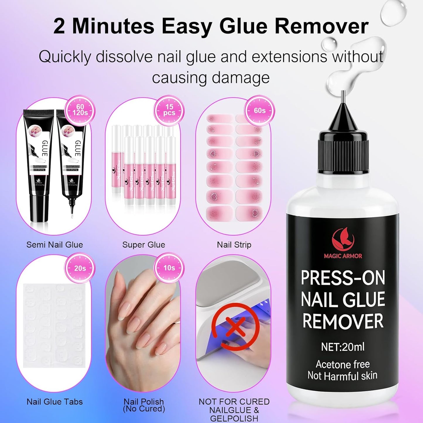 Nail Glue for Press-On Nails - Quick Drying Semi-Solid Gel with Remover & Tool | 4 x 6g Tubes