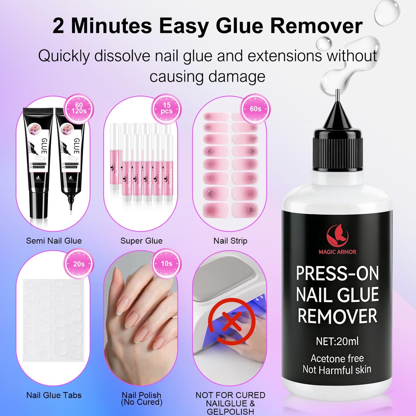 4 x 6g Nail Glue for Press On Nails with 2 x 20ml Nail Glue Remover and Tool, No UV Light Needed Semi Solid Nail Glue, Mini Tubes Quick Drying Gel Long Lasting for Fake Acrylic Nails