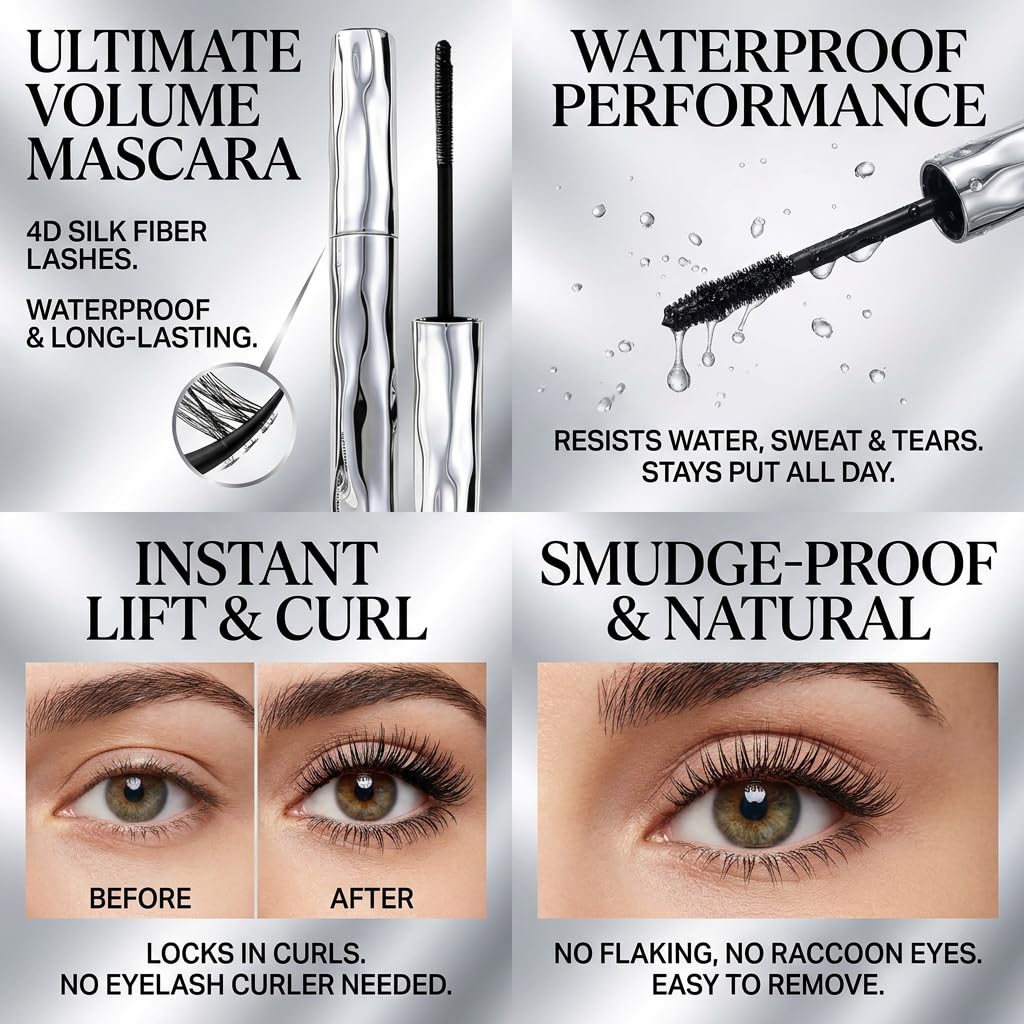 Waterproof Fiber Mascara - Volume & Length Without Clumping | Smudge-Proof, Curling Eyelash Iron (1 Pc)