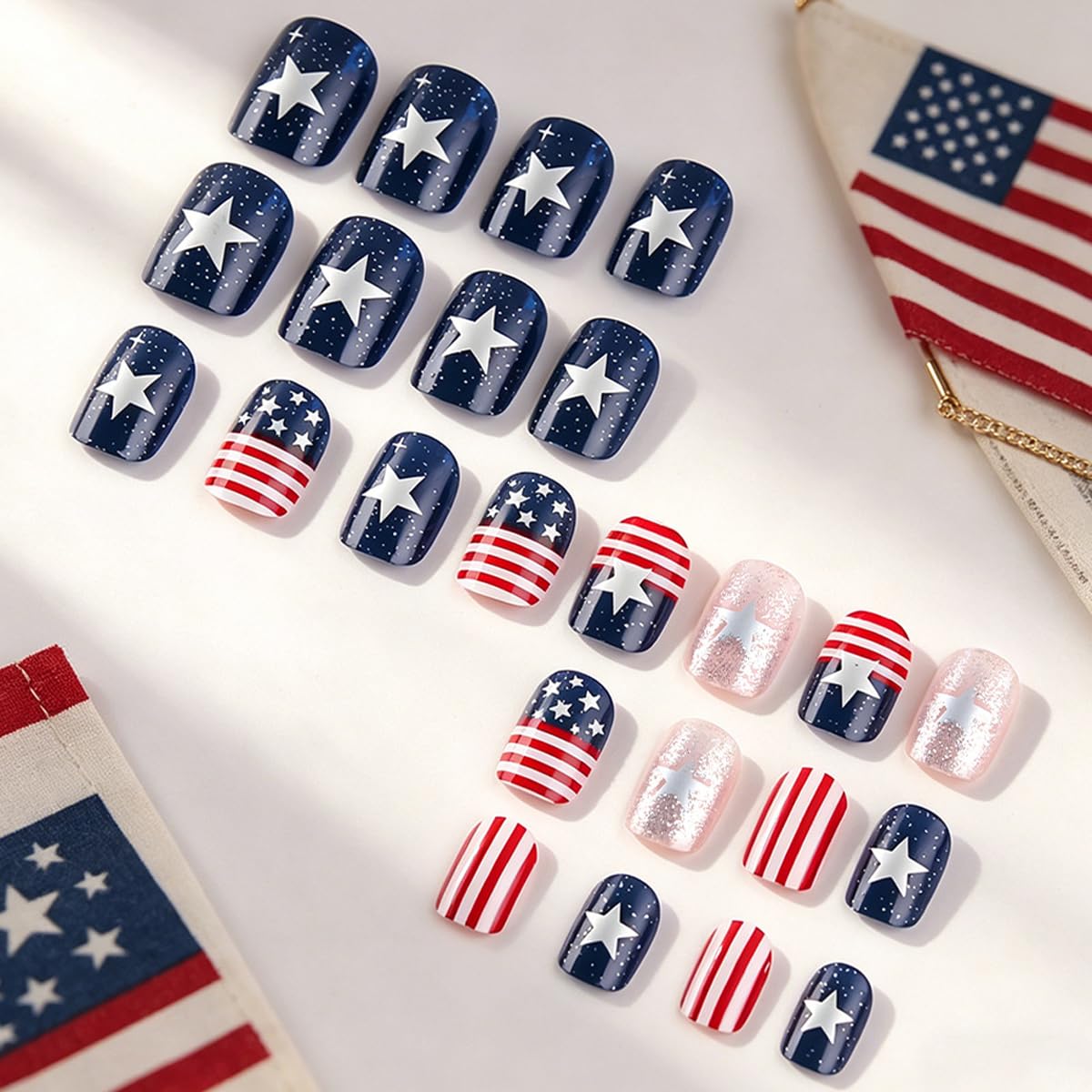 4th of July Press on Nails Medium Square Patriotic Fake Nails with Star | American flag Designs,Silver Glitter 4th of July Nails Independence Day Full Cover Stick on Nail for Women Manicure 24Pcs