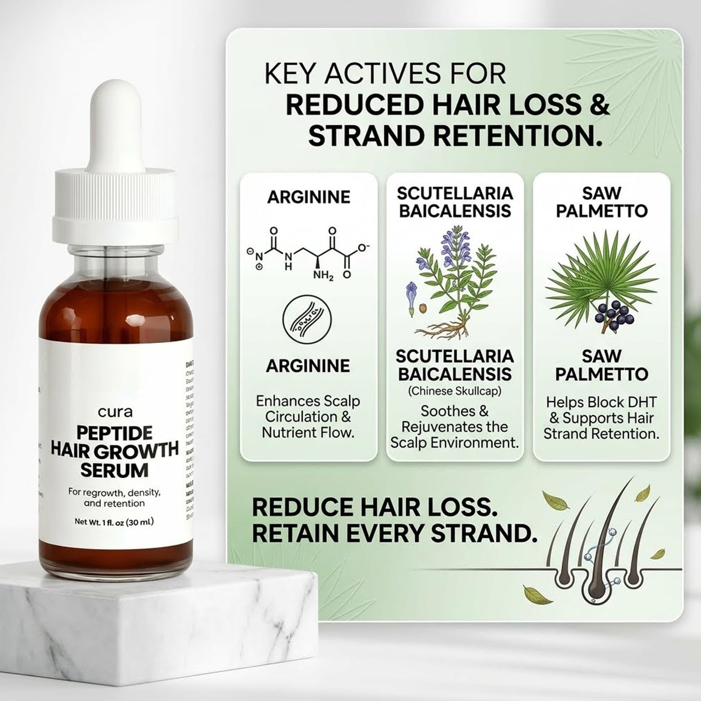 Cura Peptide Hair Growth Serum, Revitalize for Thicker Hair, Hair Growth Serum - Refreshing and Non-Greasy