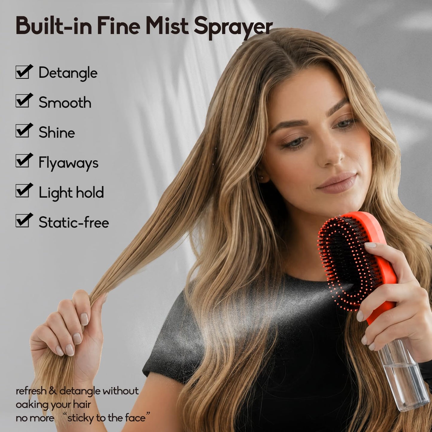 Water Spray Hair Brush with Fine Continuous Mist, Detangling & Smoothing Hair Brush for Frizz, Static & Flyaway Hair, Wet or Dry Hair Styling Brush for Women, Orange