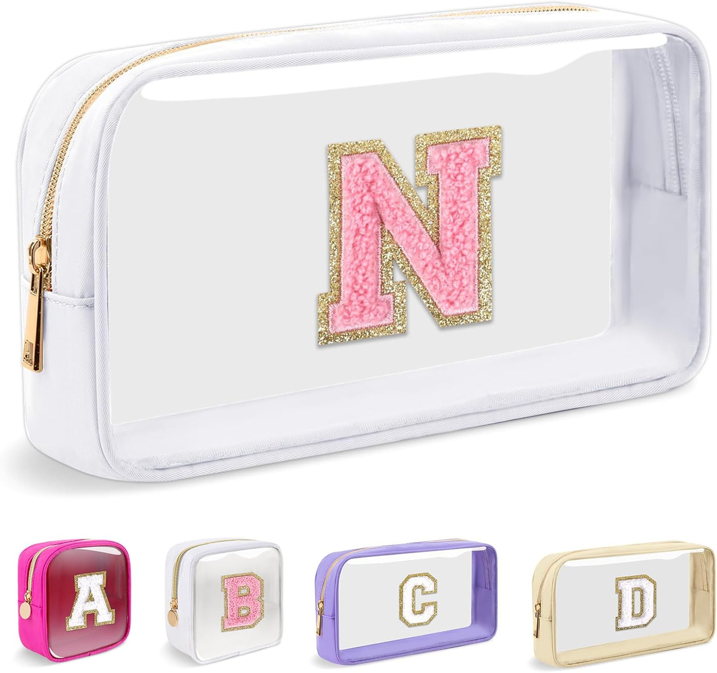 Personalized Initial Makeup Bag - Waterproof Nylon Cosmetic Pouch | A-Z Chenille Letter Patch, White-Pink G