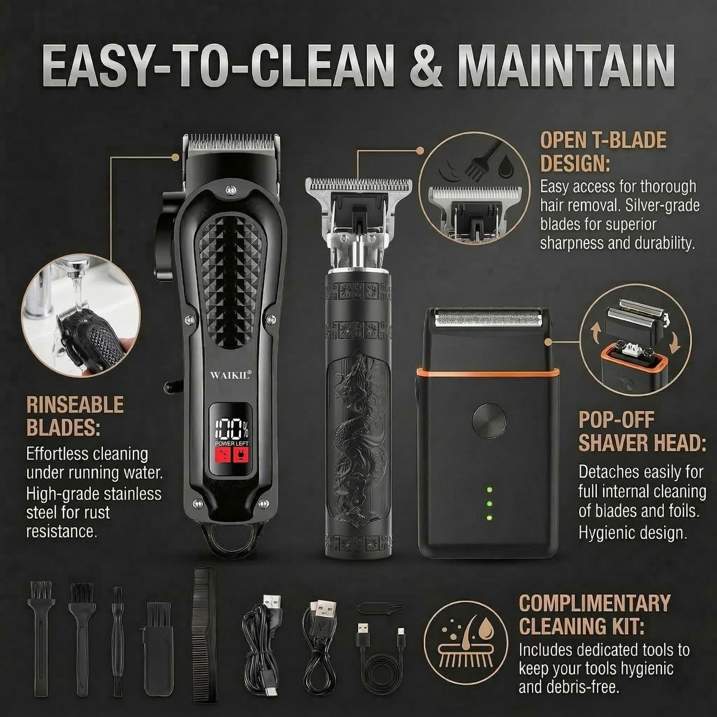 WAIKIL Men's Hair Clippers Set,Cordless Hair Trimmer & Foil Shaver Kit with LCD Display,Professional Barber Clippers for Men,Beard Trimmer,T-Outliner,Rechargeable Grooming Kit with Guide Combs