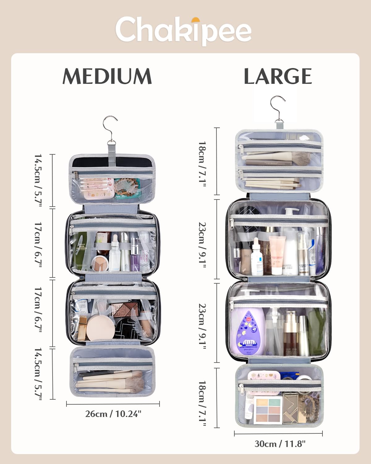 Chakipee Travel Hanging Toiletry Bag for Women - Waterproof Cosmetic Organizer with Clear Window, Lightweight Bathroom Bags for Essentials, Makeup, Shampoo, Toiletries Black,Large