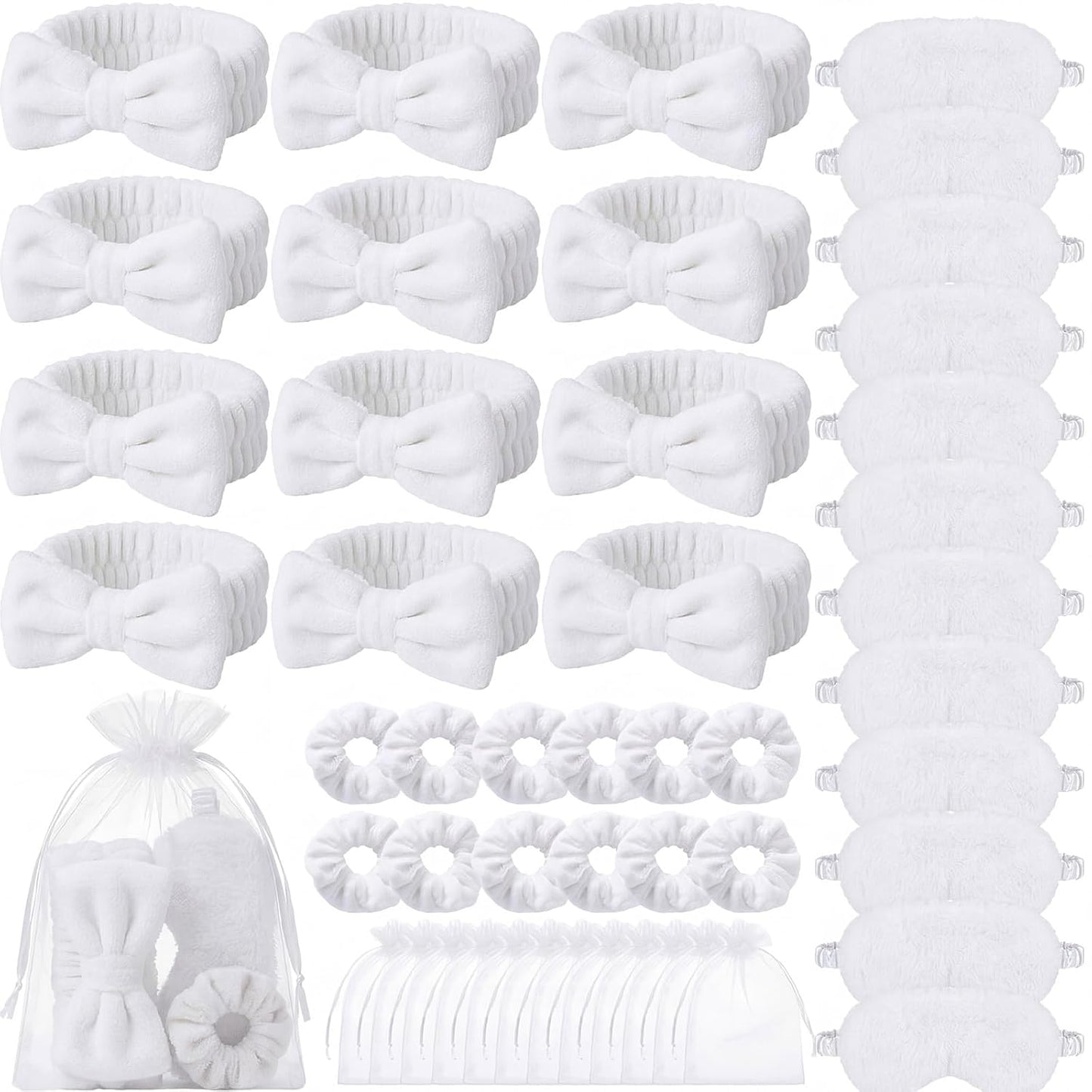Mimorou Spa Party Supplies Set - 48 Pieces with Headbands, Eye Masks & Scrunchies | Pink, Blue, Purple