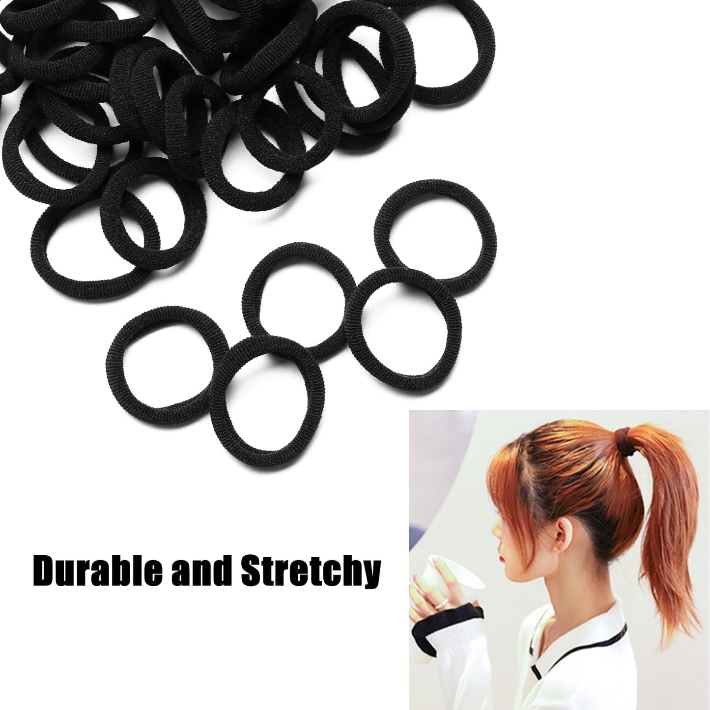 Mini Hair Ties - 100 Pcs Seamless Black Soft Elastics | No Damage Ponytail Holders