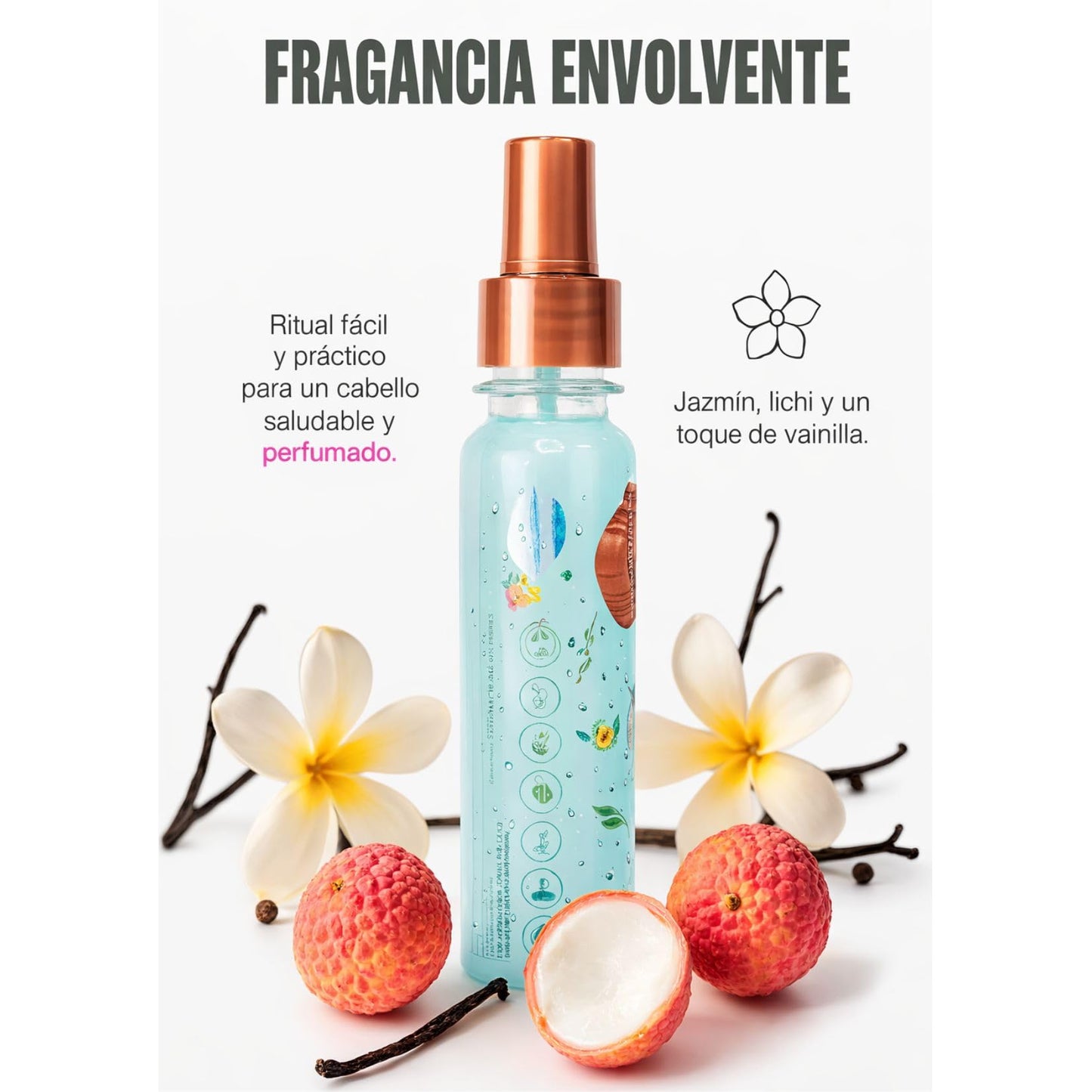 Origen Botánico Perfume Termoprotector para Cabello, Sin Alcohol, Antifrizz, Desenredante, Protección solar, Con Feromonas, Aroma Ritual de Tentación Jazmín y Vainilla 120ML. Todo tipo de cabello.