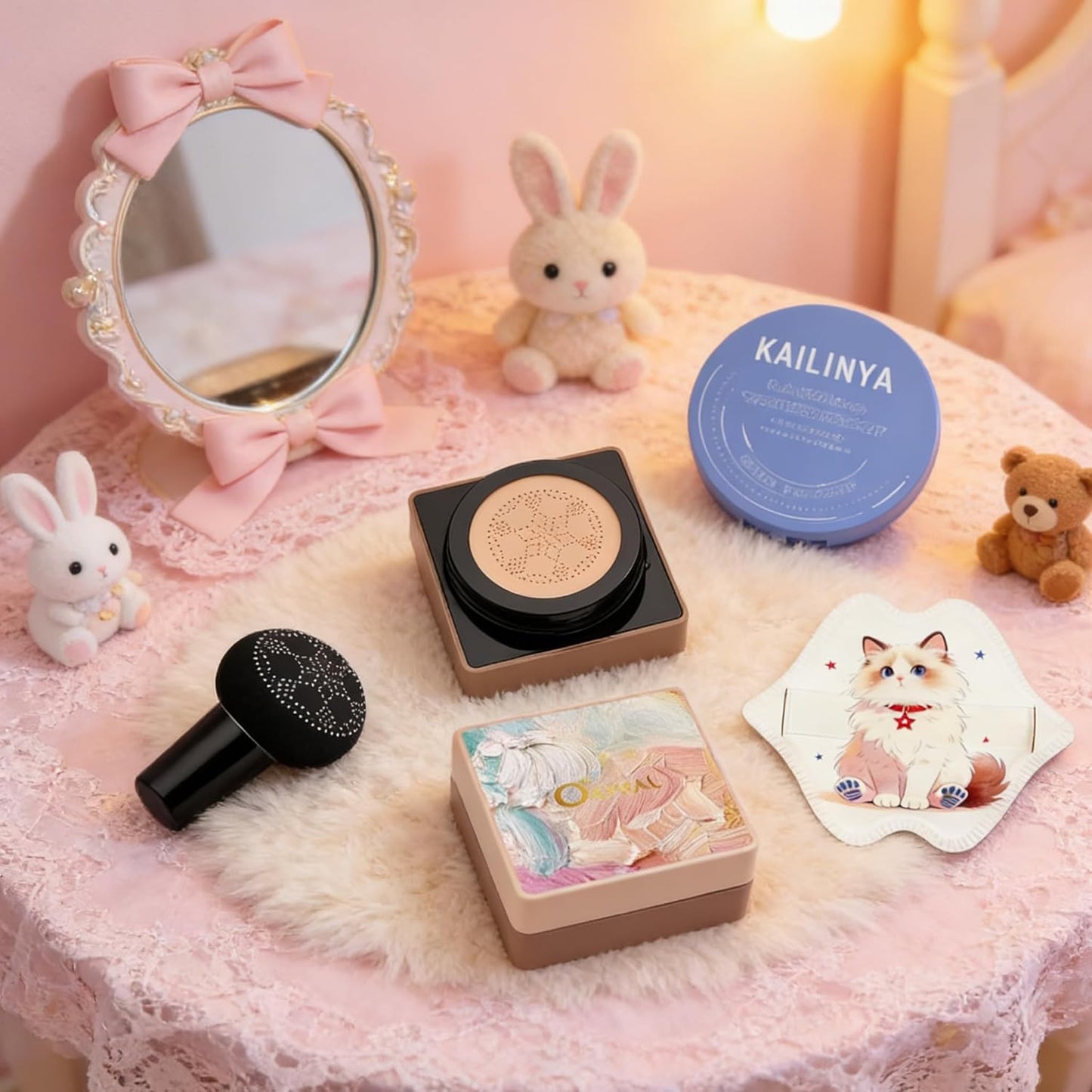 Mushroom-Head Cushion Foundation & Setting Powder Set - Long-Lasting Matte Finish | 3 Shades Available (Ivory White)