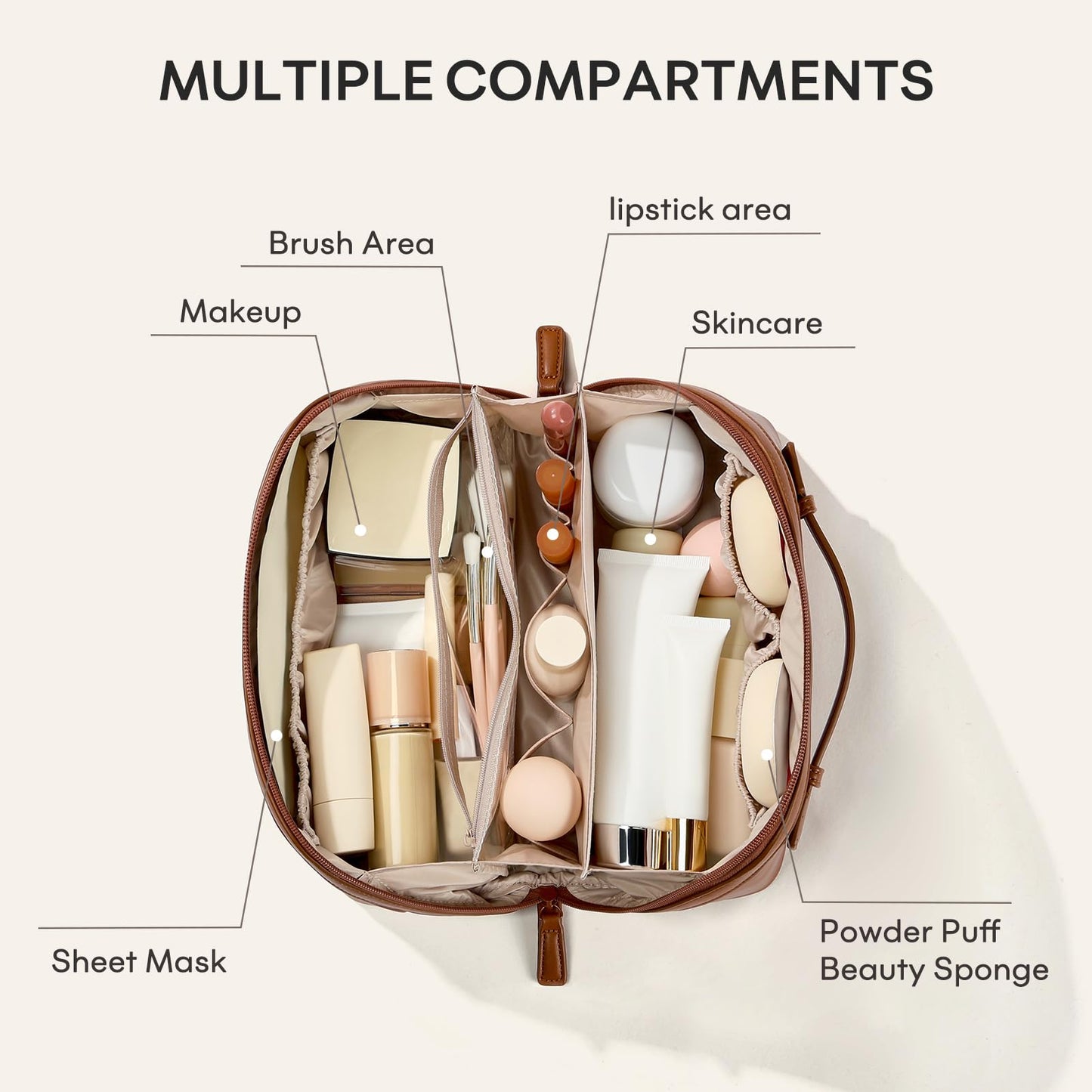 mibasies Travel Makeup Bag for Women, Large Capacity Waterproof PU Leather Flat Open Cosmetic Bag, Portable Toiletry Bag for Business Trip & Daily Use