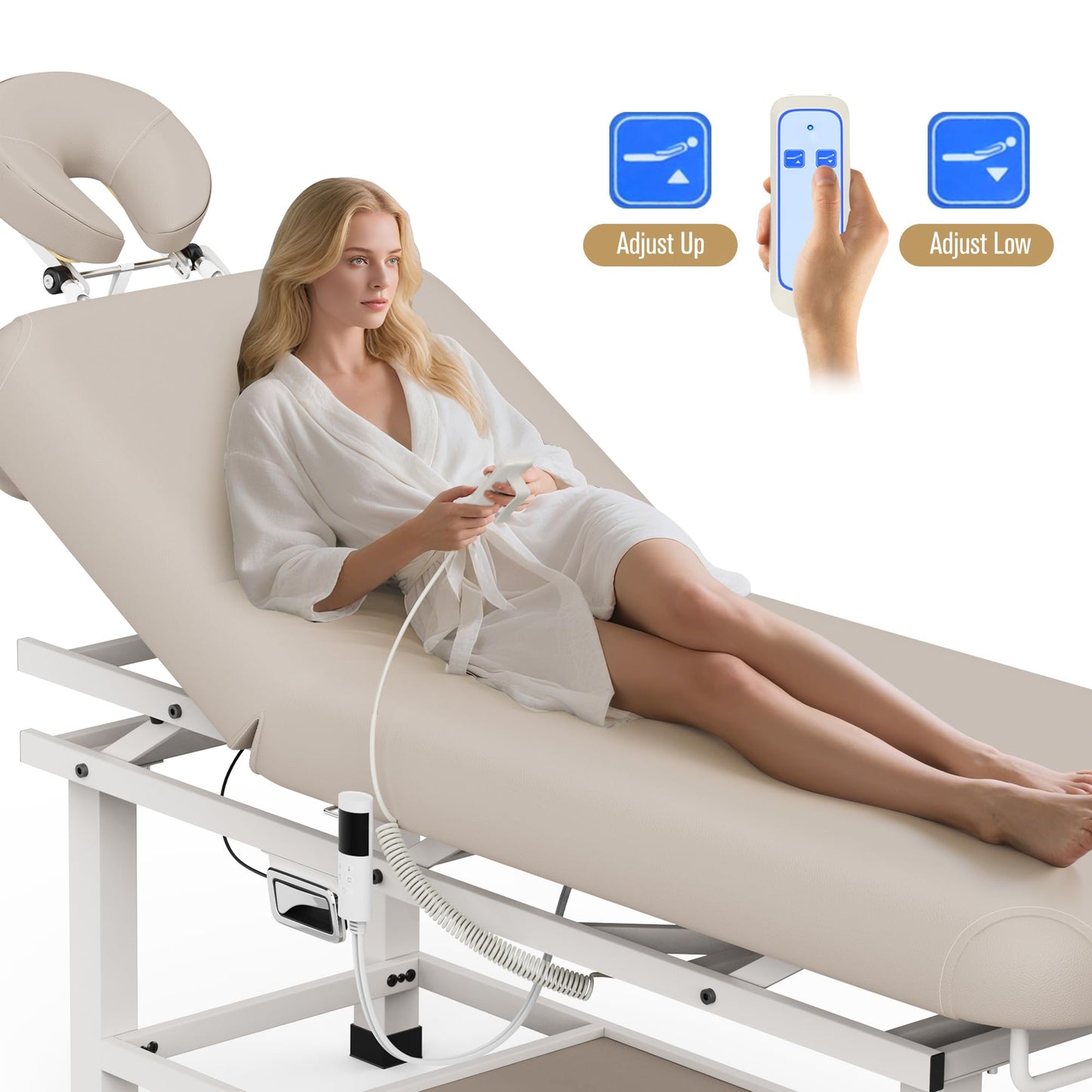 pouseayar Heavy Duty Electric Stationary Massage Table with Heating Function, Backrest Adjustable and Storage Space for Treatment/Medical Spa/Facial/Beauty/Massage Bed - 30 x 75 - Beige Gray