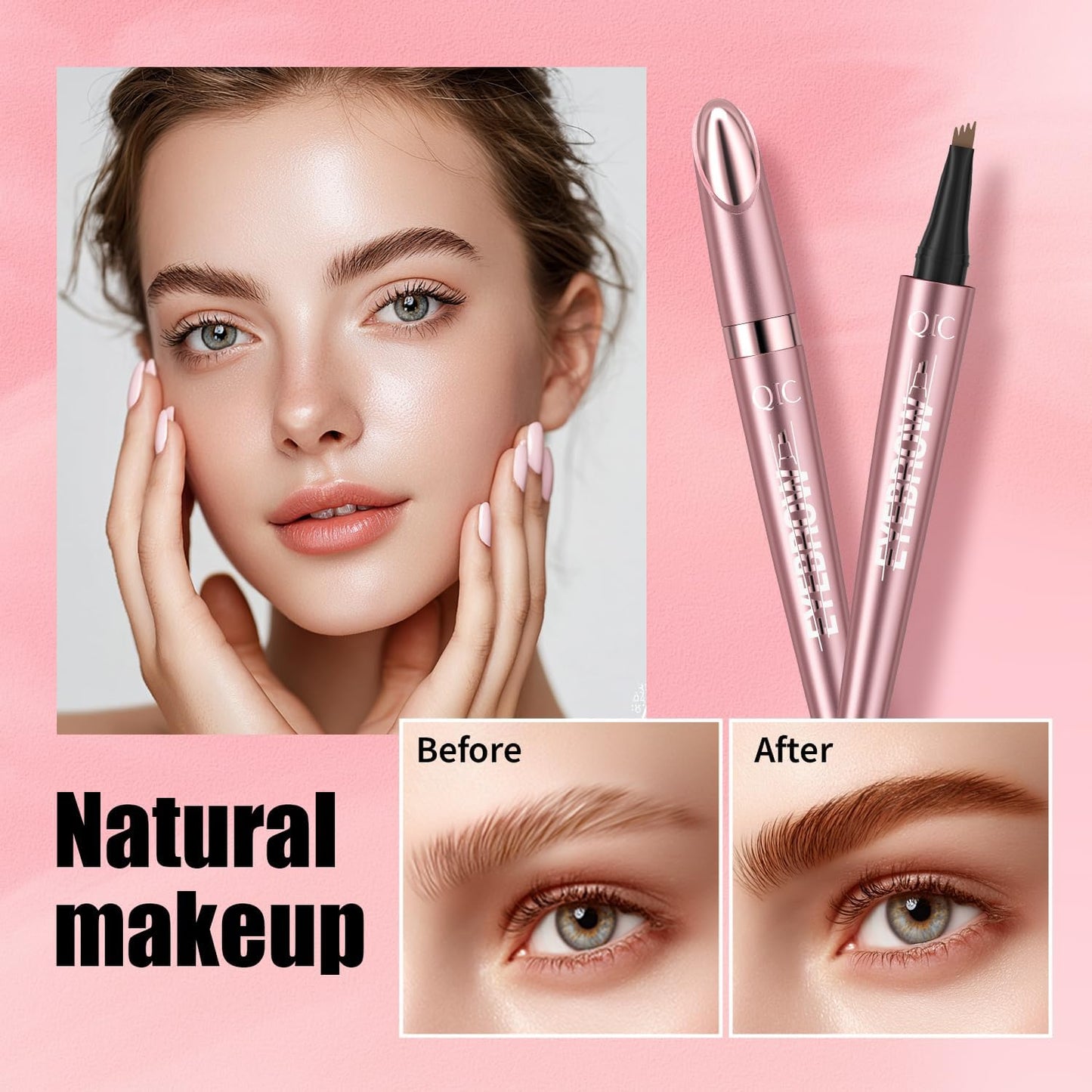 QIC 4-Tip Microblading Eyebrow Pen, Waterproof Brow Marker for Natural Hair-Like Strokes, Quick-Dry Smudge-Resistant, Light Brown