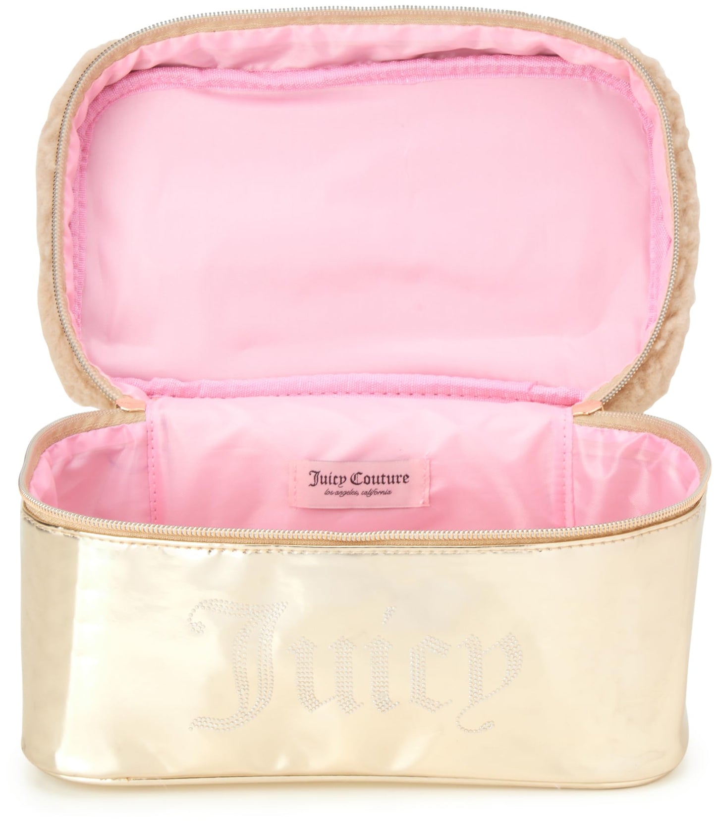 Juicy Couture Pink Makeup Bag Cosmetics Organizer Travel Essentials Train Case Shiny Rhinestones Faux Shearling