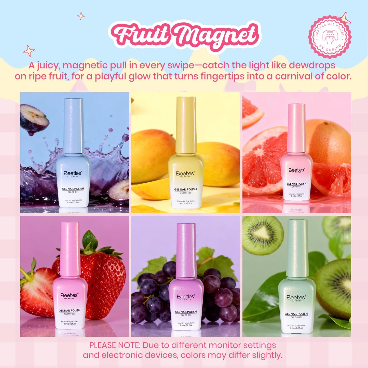 Beetles Gel Nail Polish Kit Summer Styles 6Pcs Mermaid Purple Green Glitter Gel Polish Trendy Soft Pink Shimmer Gel Nail Art, Holiday Vacation Gift for Girls Women DIY Manicure