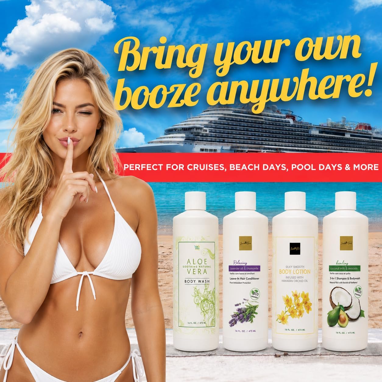 Smuggs Jugs Cruise Essentials: Hidden Liquor Containers Smuggling Kit, Leakproof Rum Runners for Cruise, 4-17.3 oz Bottles Hidden Flasks for Liquor Disguise Fake Shampoo Bottles for Travel