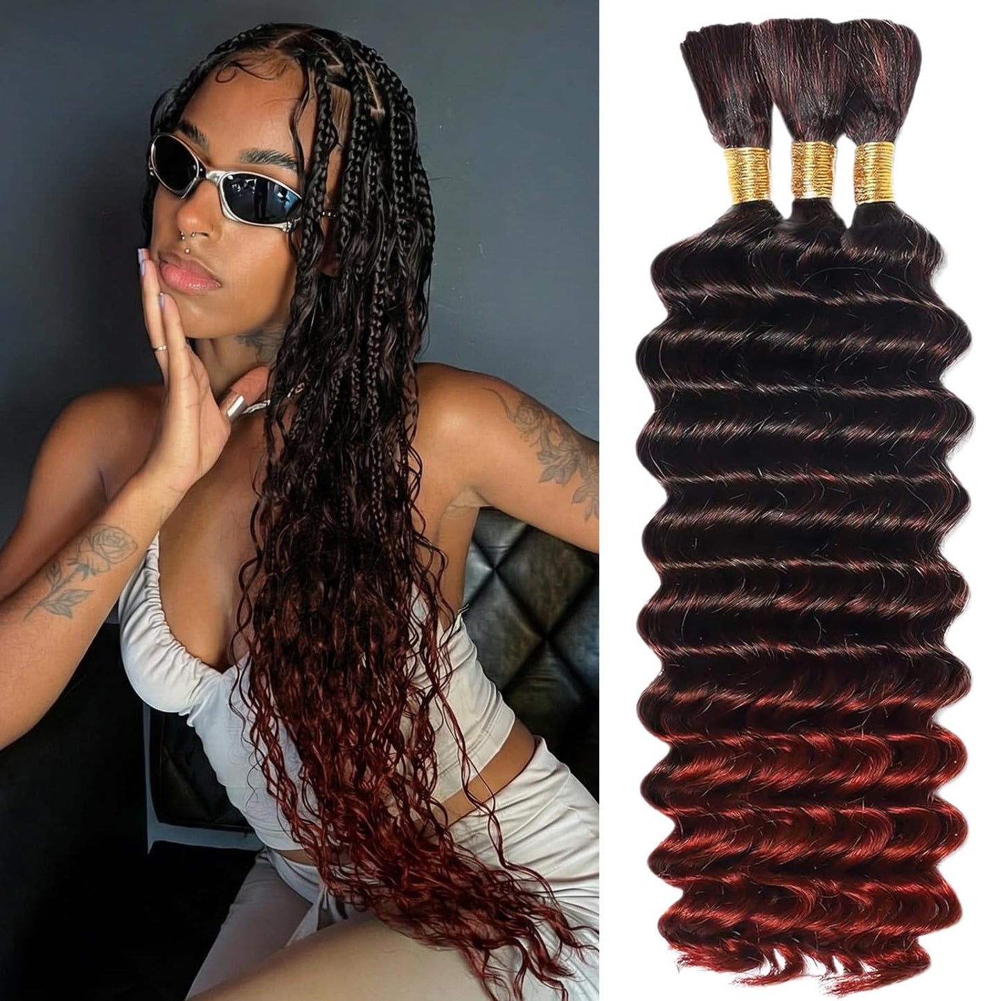 22 Inch Human Braiding Hair - Boho Deep Wave Bulk Brazilian Virgin Hair | 3 Bundles, 110g, Natural Color