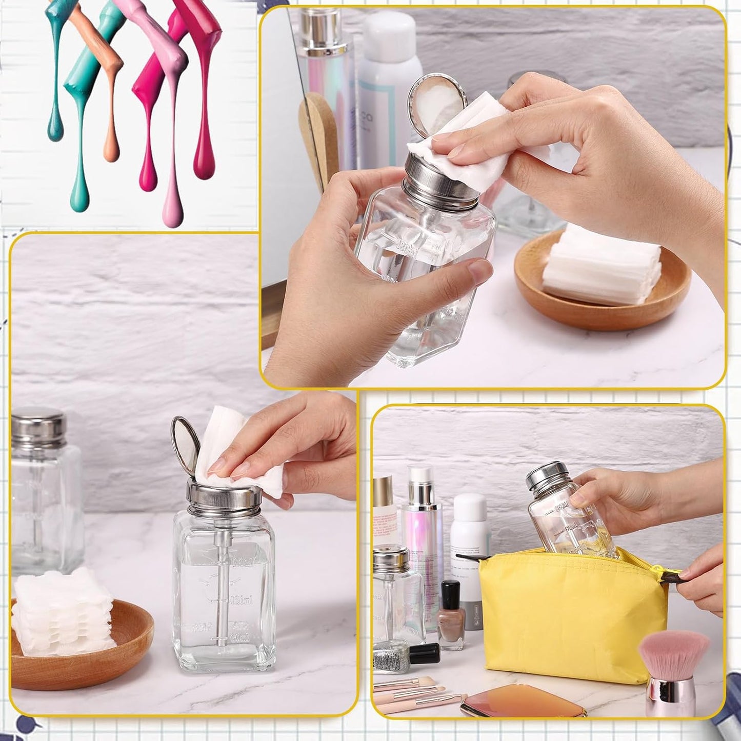 Noverlife Clear Glass Pump Dispenser Bottles - 2PCS 6Oz Nail Polish Remover Containers | Refillable Flip Top Cap