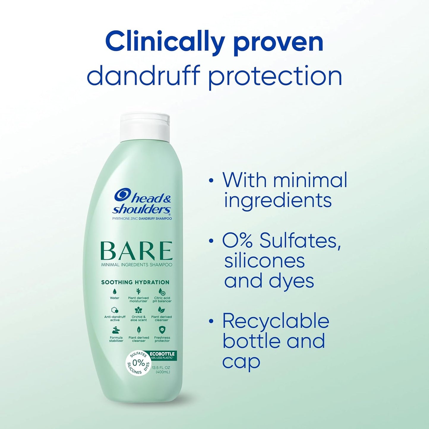 Head & Shoulders Anti-Dandruff Shampoo - BARE Soothing Hydration with 1% Pyrithione Zinc | 13.5 Fl Oz for Dry Scalp Relief
