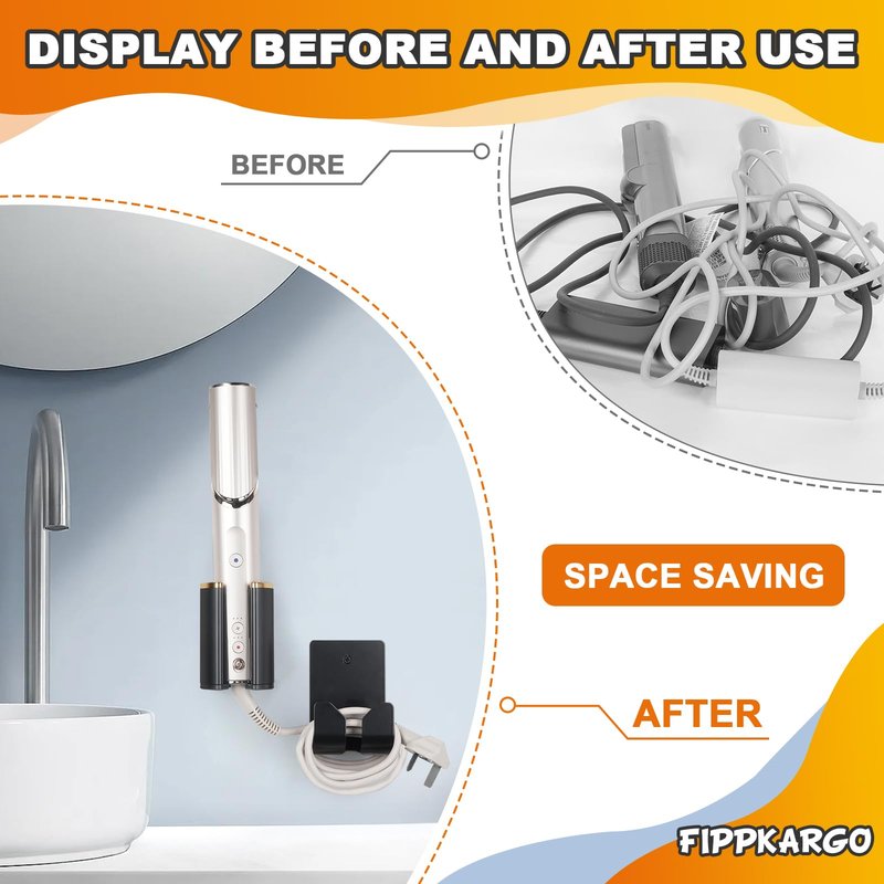 Fippkargo Wall Mount Holder Compatible with Dyson Airwrap/Airstrait Styler, Hair Dryer Holder for Shark FlexStyle, Universal Curling Iron Organizer Holder for Bathroom Vanity