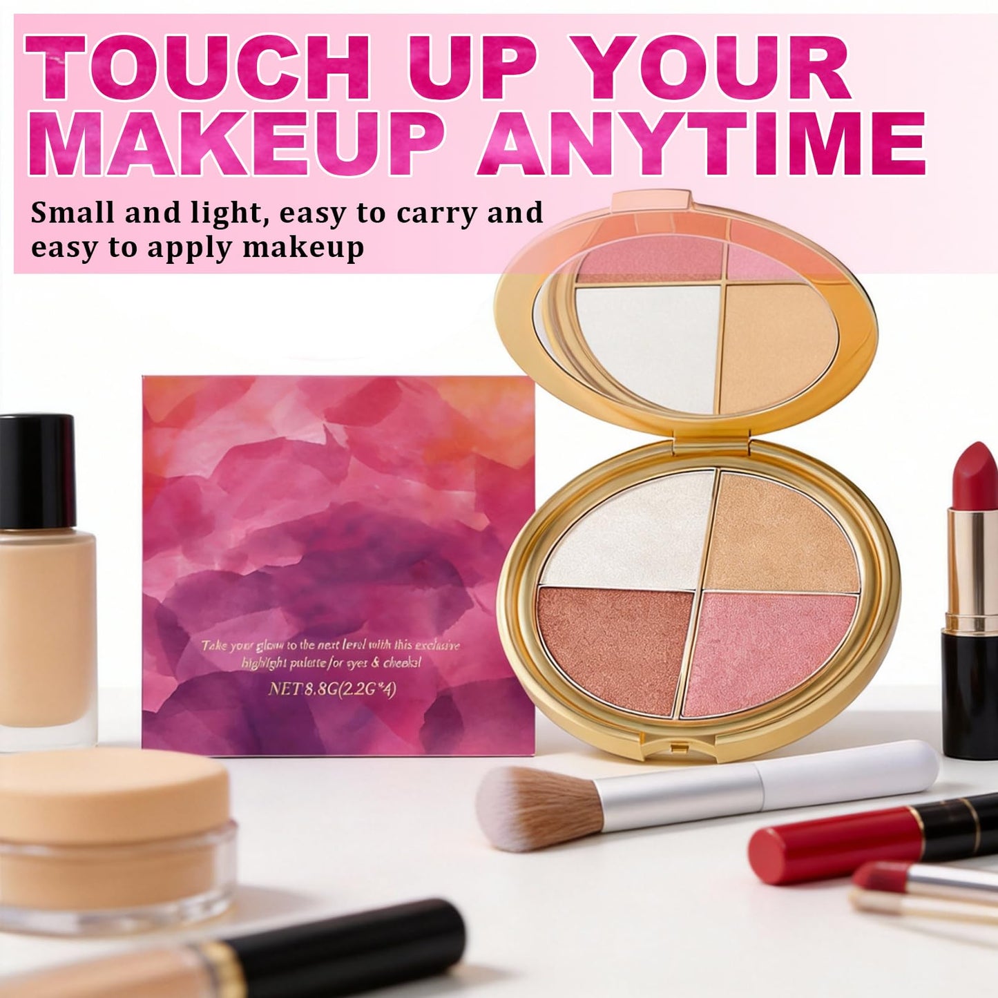 Eye & Cheek Palette with 1 Pcs Blush Brush, Multifunctional Blush Palette, Eyeshadow and Highlighter Makeup, 4-In-1 Natural Glow Contour Powder for Women
