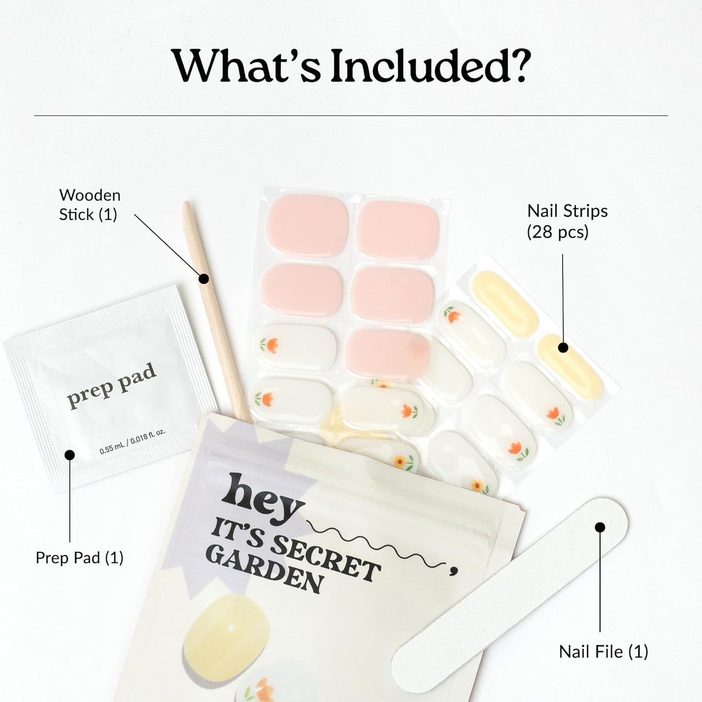 Heyhae Semi Cured Gel Nail Strips - Easy Apply Floral Design, No LED Lamp Needed | 28 Strips, Prep Pads & File Included