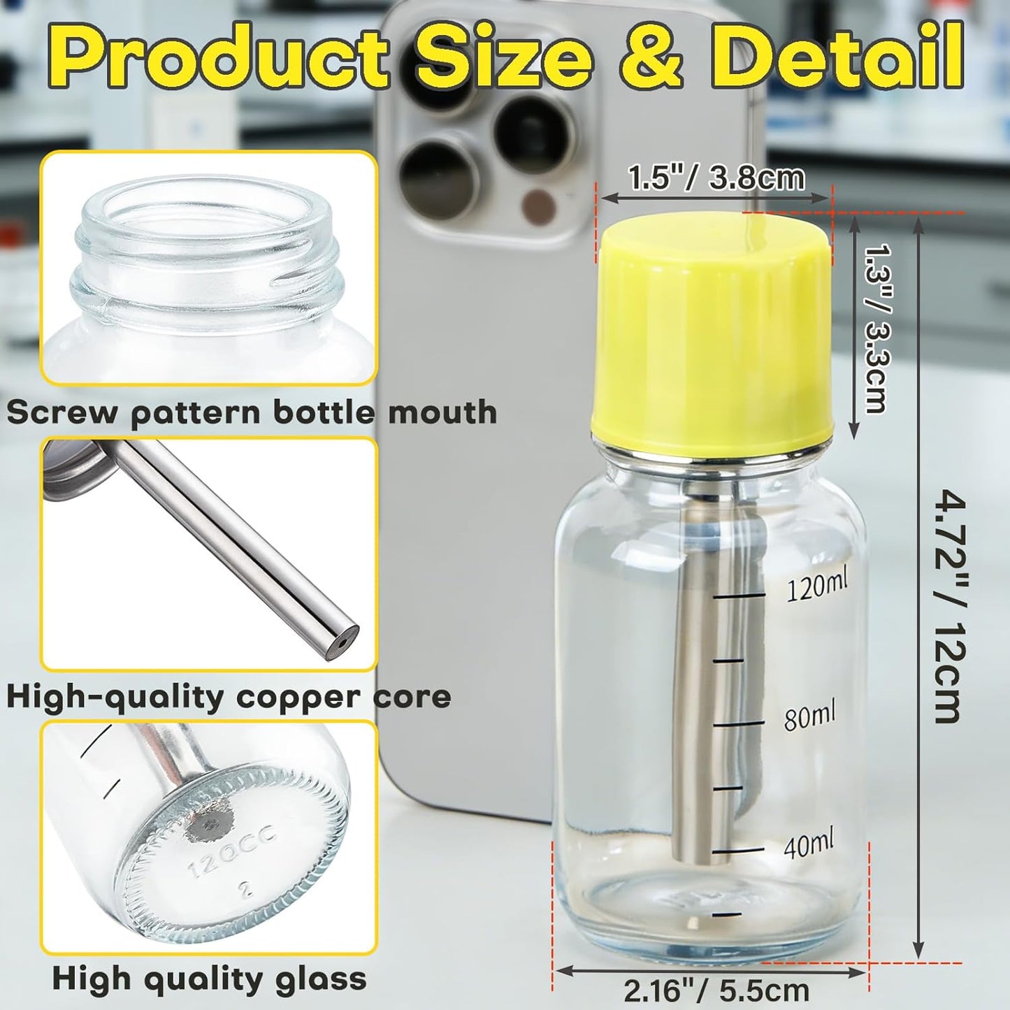 Clear Pump Dispenser Bottle - 4oz Refillable Glass Container for Acetone & Alcohol | Lab Dropping Bottle with Copper Core