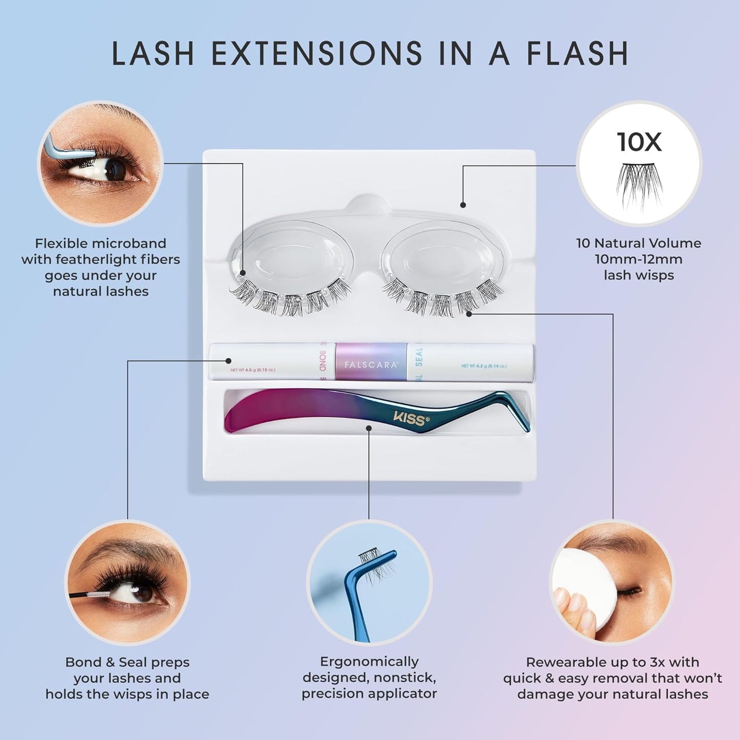 KISS Falscara Eyelash Extension Starter Kit - 10 Reusable Featherlight Wisps with Applicator, Bond & Seal