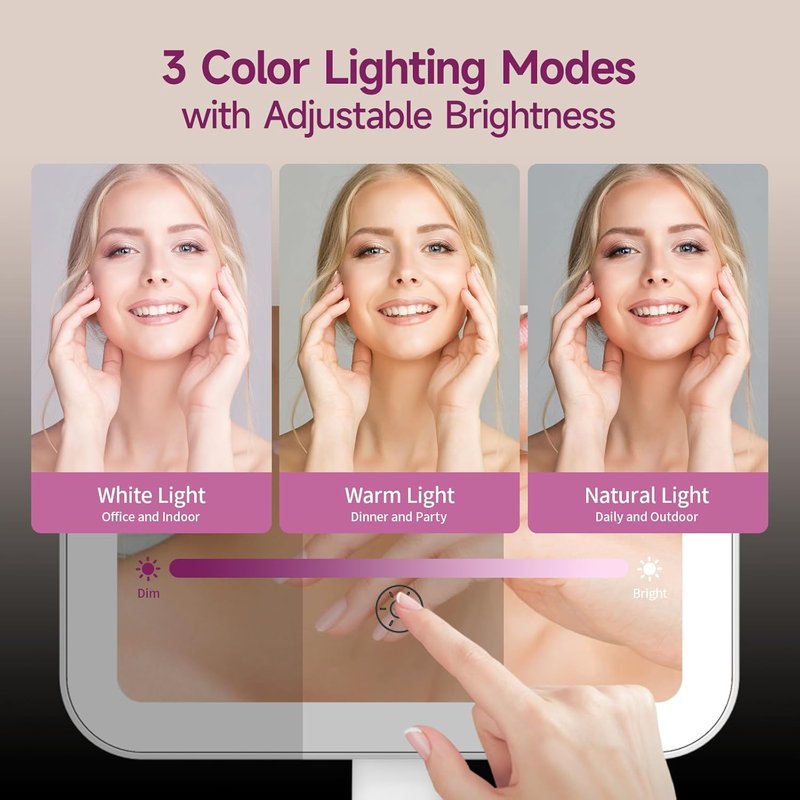 Rechargeable Lighted Makeup Mirror - 10X Magnification, 3 Color Lighting | Portable Tabletop Design, 360° Rotation, White