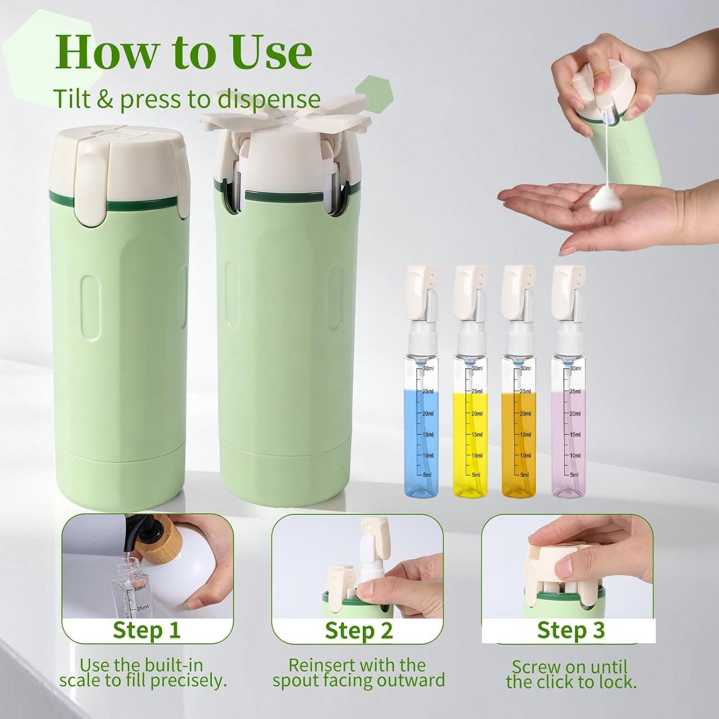 Travel Dispenser Set - 4 in 1 Leak Proof Refillable Bottles for Shampoo, Conditioner, Lotion | Portable Toiletry Containers (Green)