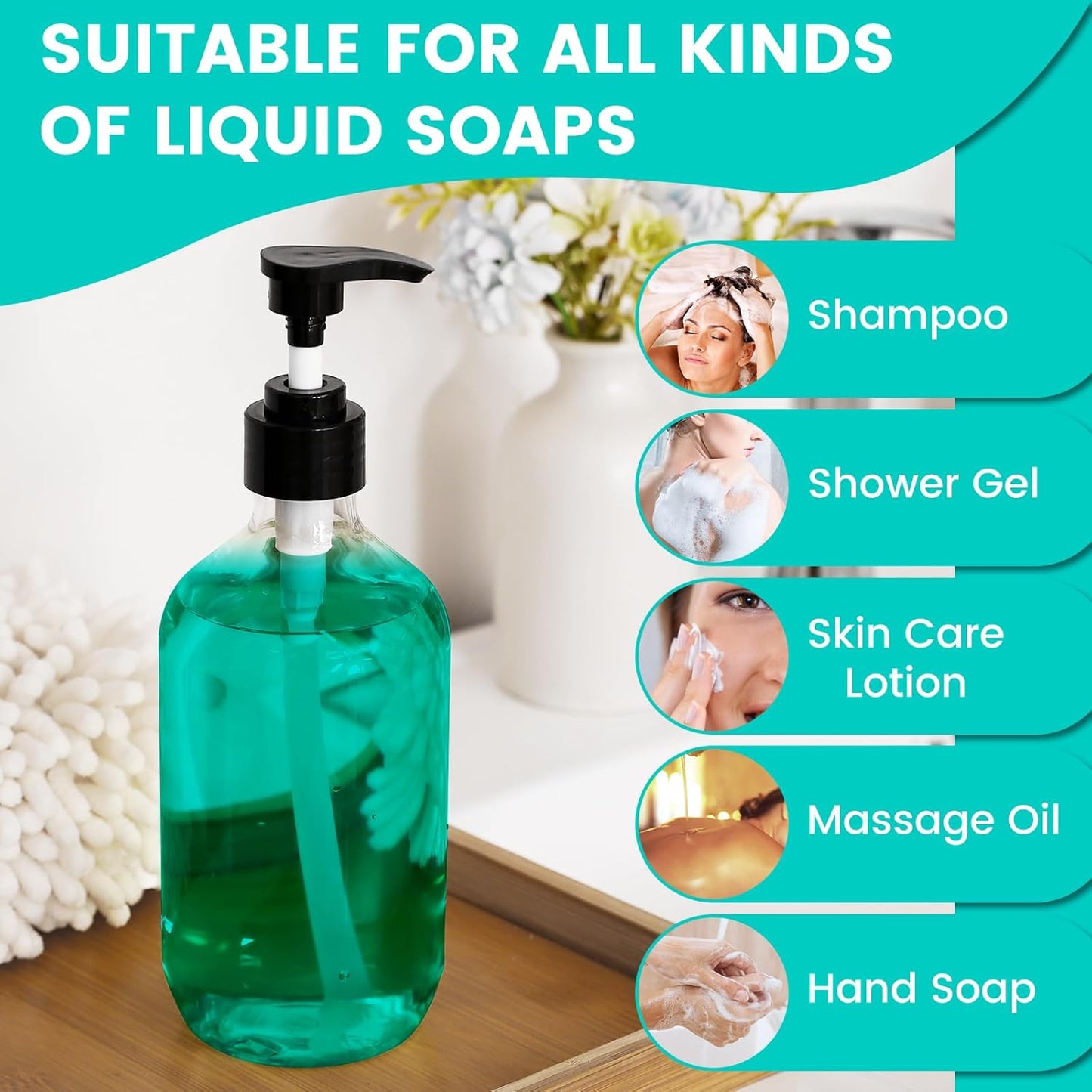Clear Pump Bottle Dispenser - 300ml/10oz BPA-Free Plastic | 2 Pack Refillable Liquid Soap Containers for Essential Oils, Shampoo, Lotion