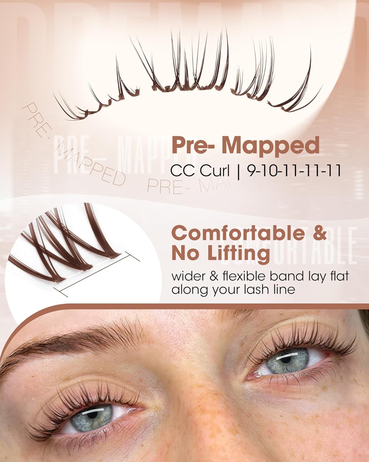 Natural Eyelash Extensions - Brown Lash Clusters | CC Curl, 9-10-11MM, Short Wispy Cat Eye Design
