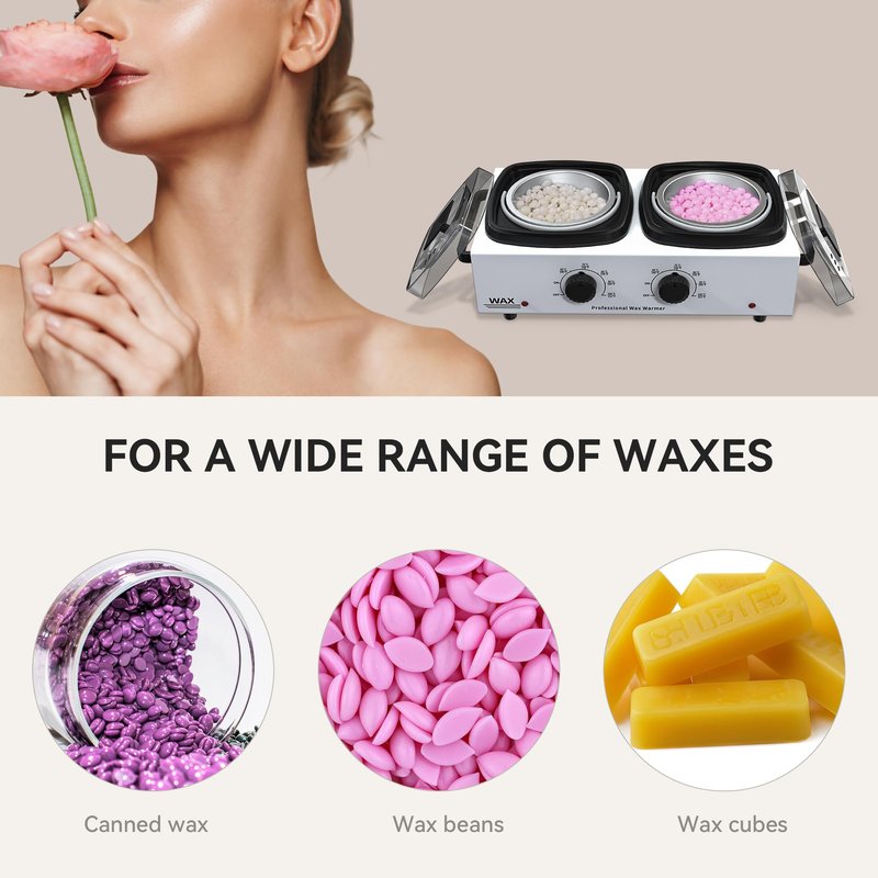 Large Waxing Kit with 4 Bags of Wax Beads 2 Silicone Bowl 40 Sticks 10 Nose Sticks, Wax Warmer Double Pot for Women Men Salon Home Hair Removal