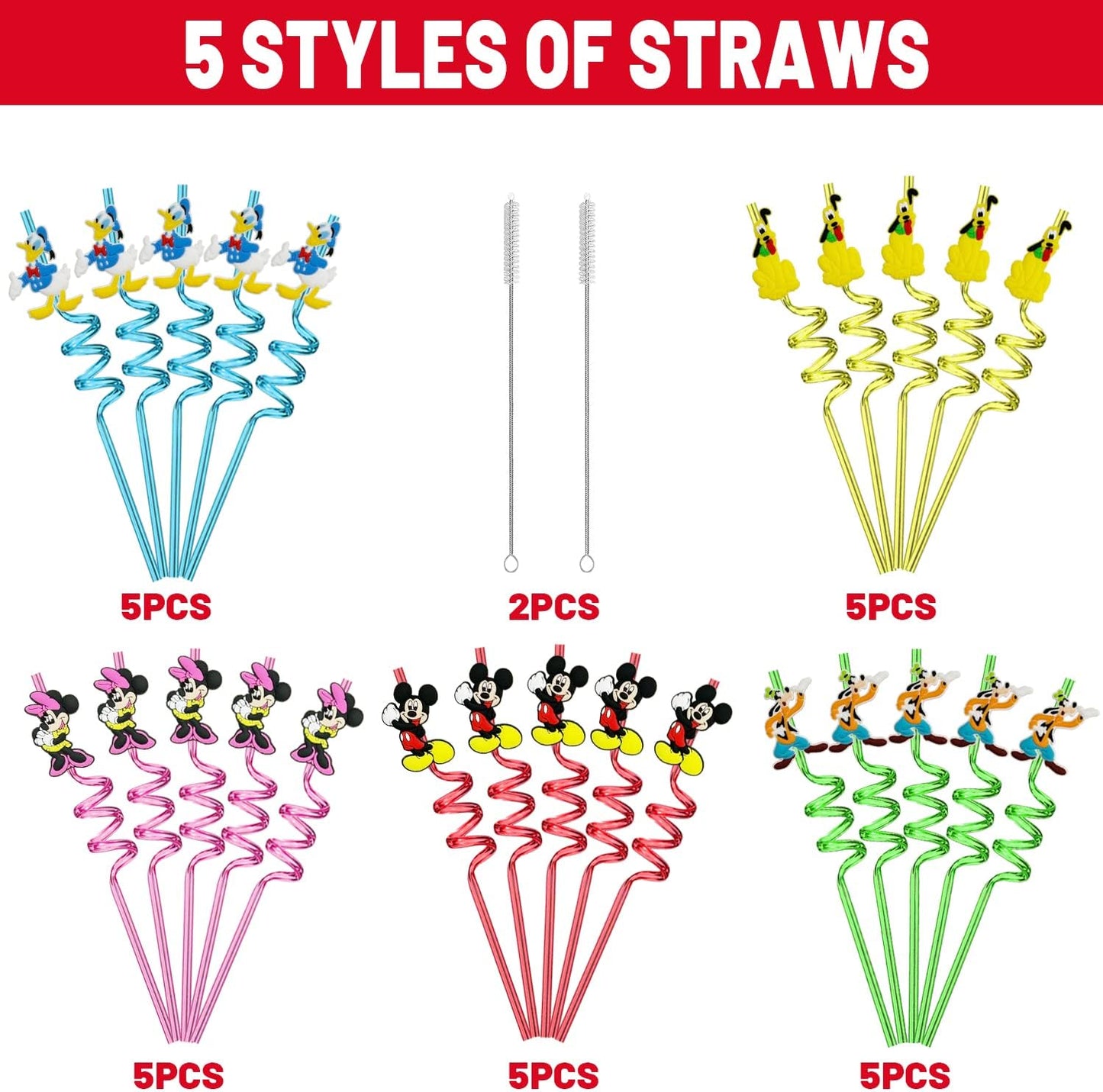 Mouse Straws - 25pcs Reusable Party Supplies with 2 Cleaning Brushes | Fun Birthday Favors for Kids