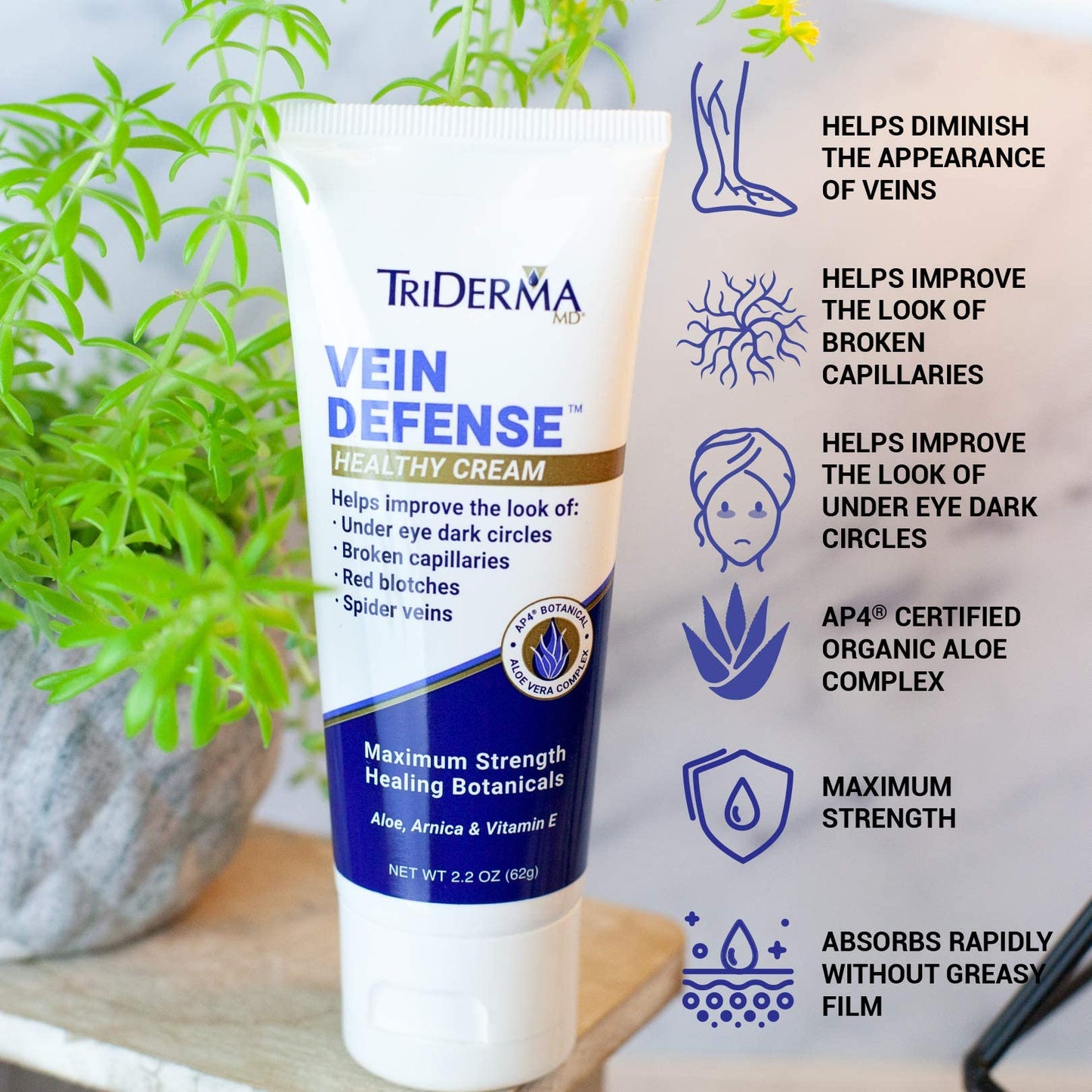 TriDerma Vein Defense Healthy Cream 2.2 Ounces Helps Improve the look of Spider Veins and Under Eye Dark Circles