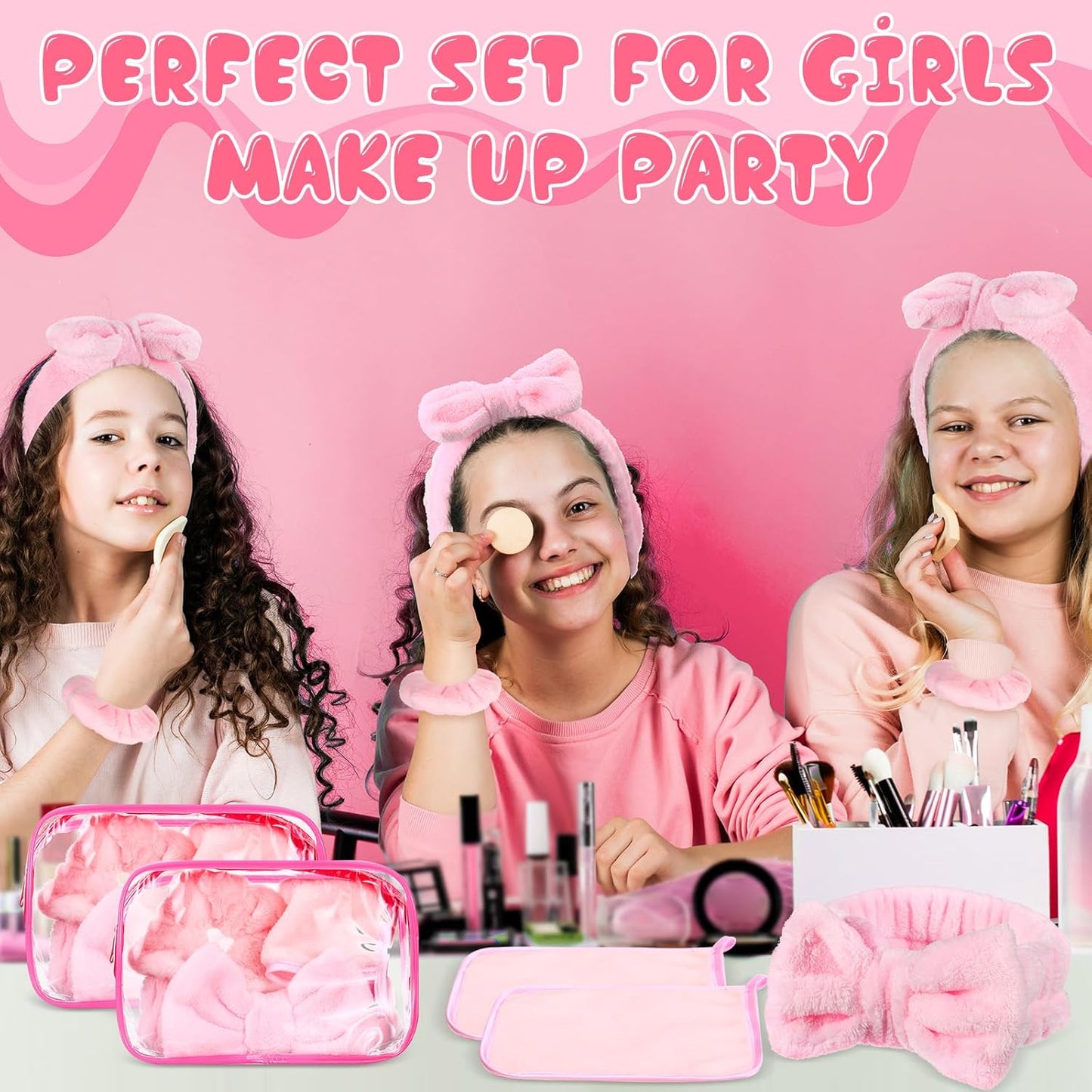 24-Piece Sleepover Party Supplies - Spa Party Favors with Headbands, Scrunchies & Makeup Remover Cloths | Pink