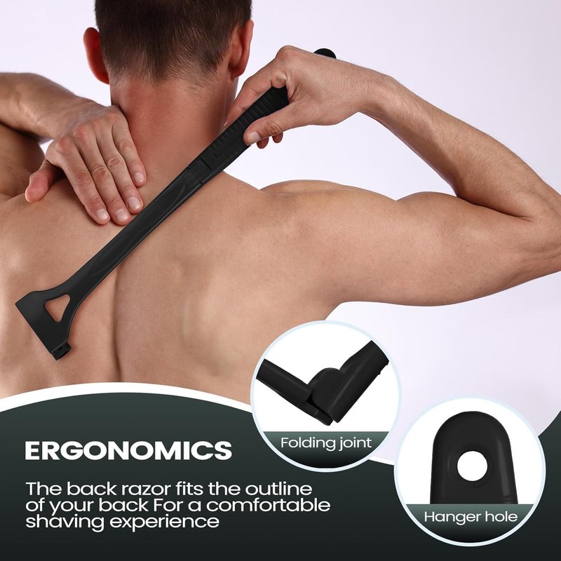 ETbyto Back Shavers for Men with Foldable Long Ergonomic Handle: DIY Hair Shaver, Replaceable Safety Blade & Portable Razor Groomer for Men, Wet & Dry Shaving - Black (8PCS Blades Included)