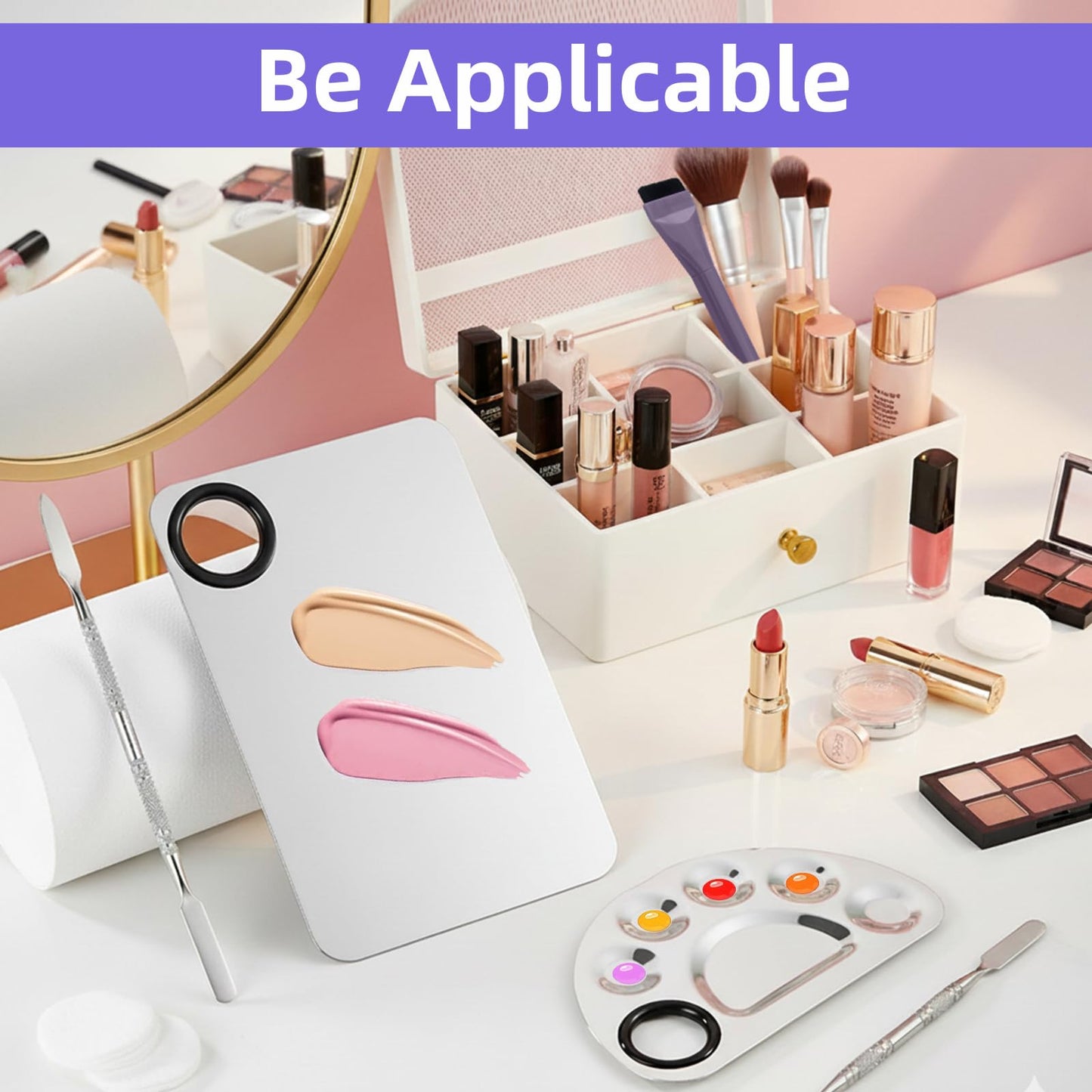 8Pcs Makeup Mixing Tray Makeup Palette with 4Pcs Makeup Spatula and a Makeup Brush, Stainless Steel Makeup Palette Mixing Tray Nail Art Foundation