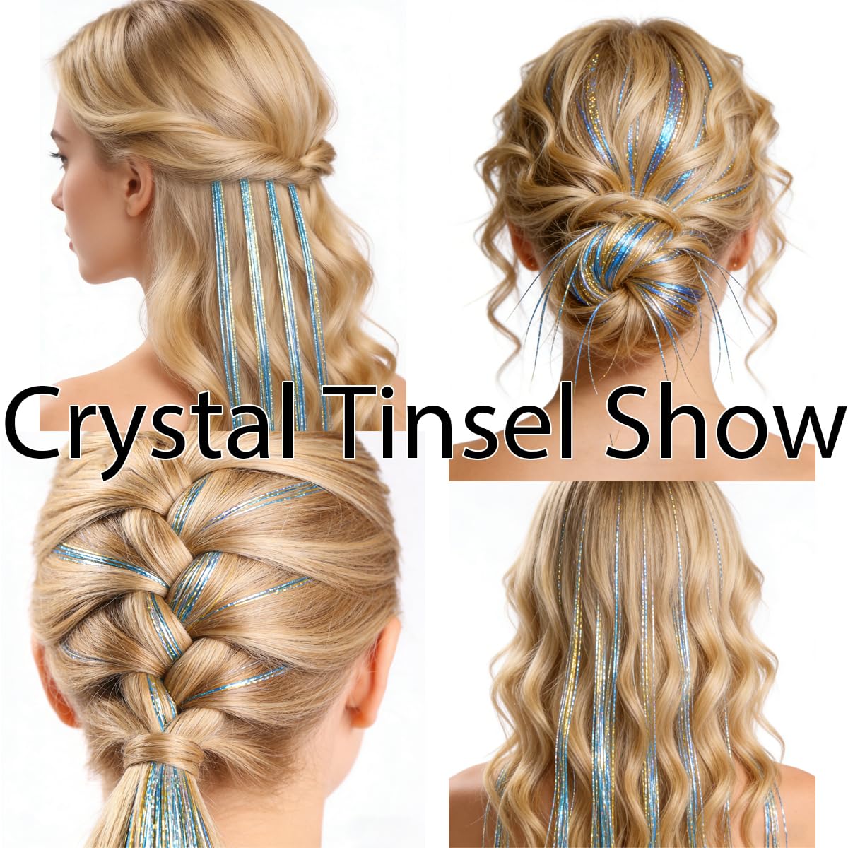 Gold Turquoise Hair Tinsel - Ice Crystal Effect, 48 Inch, 1250 Strands | Heat Resistant Sparkling Glitter for Women Party Cosplay