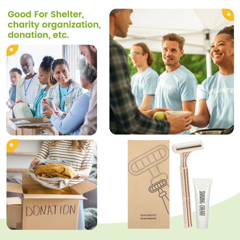 Eco-Friendly Wheat Straw Disposable Shave Kit - 50 Pcs Wheat Straw Razors and Shaving Cream(10g) Bulk, Individually Sealed for Hotel, Airbnb, Camping, Travel, Homeless, Shelters and Charities
