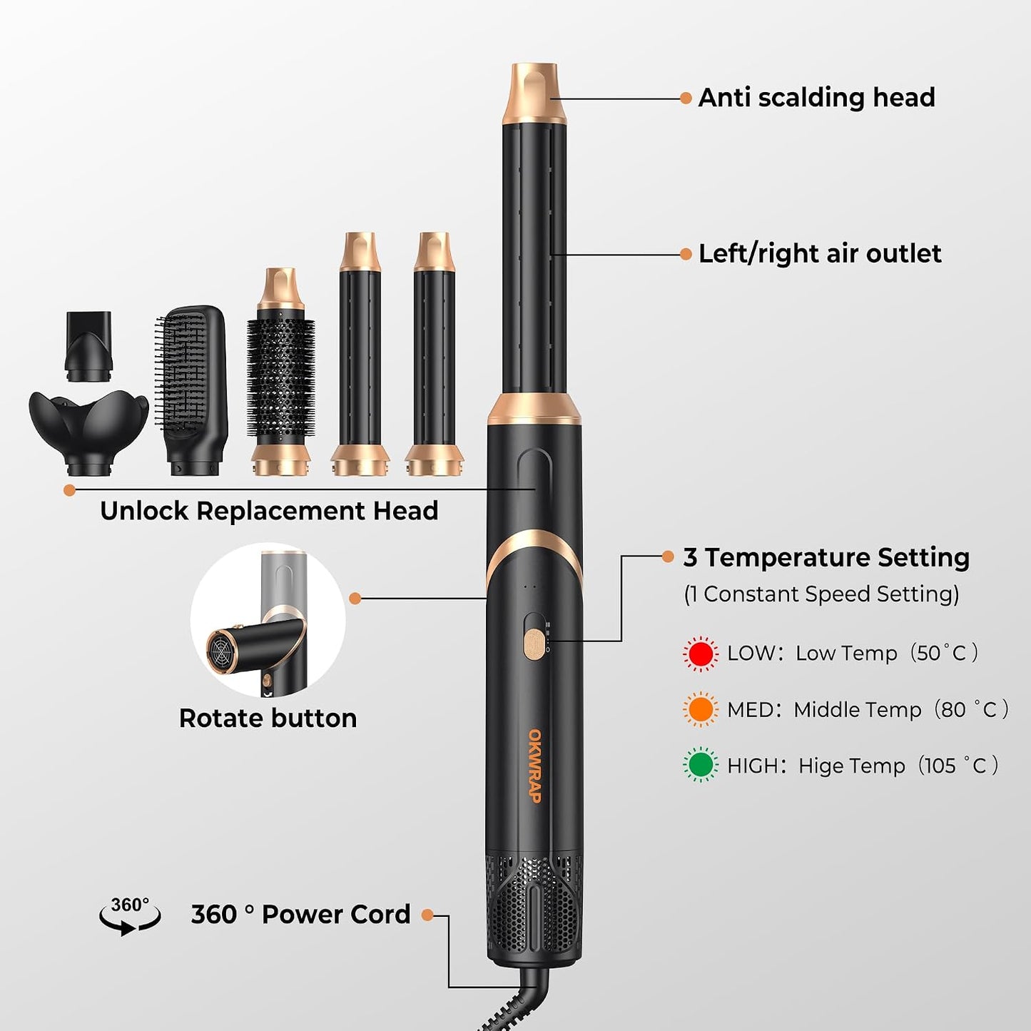 Blow Dryer Brush 6-in-1 | Foldable Hot Air Brush for Volumizing, Curling & Straightening - Detachable Design