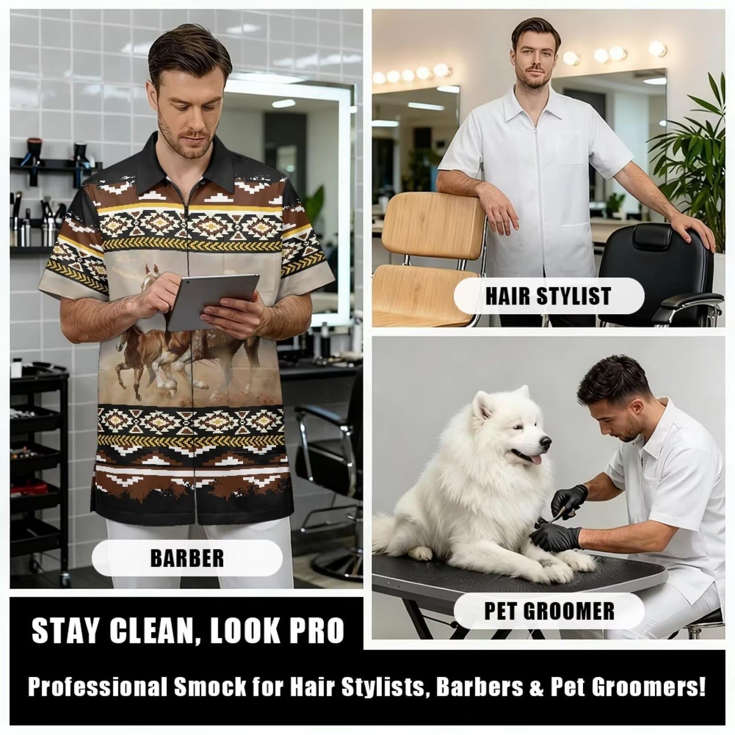 Srengjodk Black Waterproof Dog Grooming Smock Hair Stylist Apron For Women Men Anti-Static Professional Pet Groomer Smock Smock For Cosmetologist,Barber Horse Print L 2XL