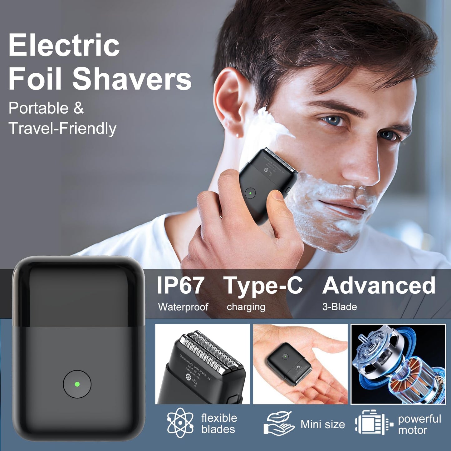 Electric Shavers for Men, Mini Travel Electric Razor, Foil Shaver for Men, Fast Rechargeable Dual Floating Blades IPX7 Waterproof Wet Dry Face Razor-Light Black