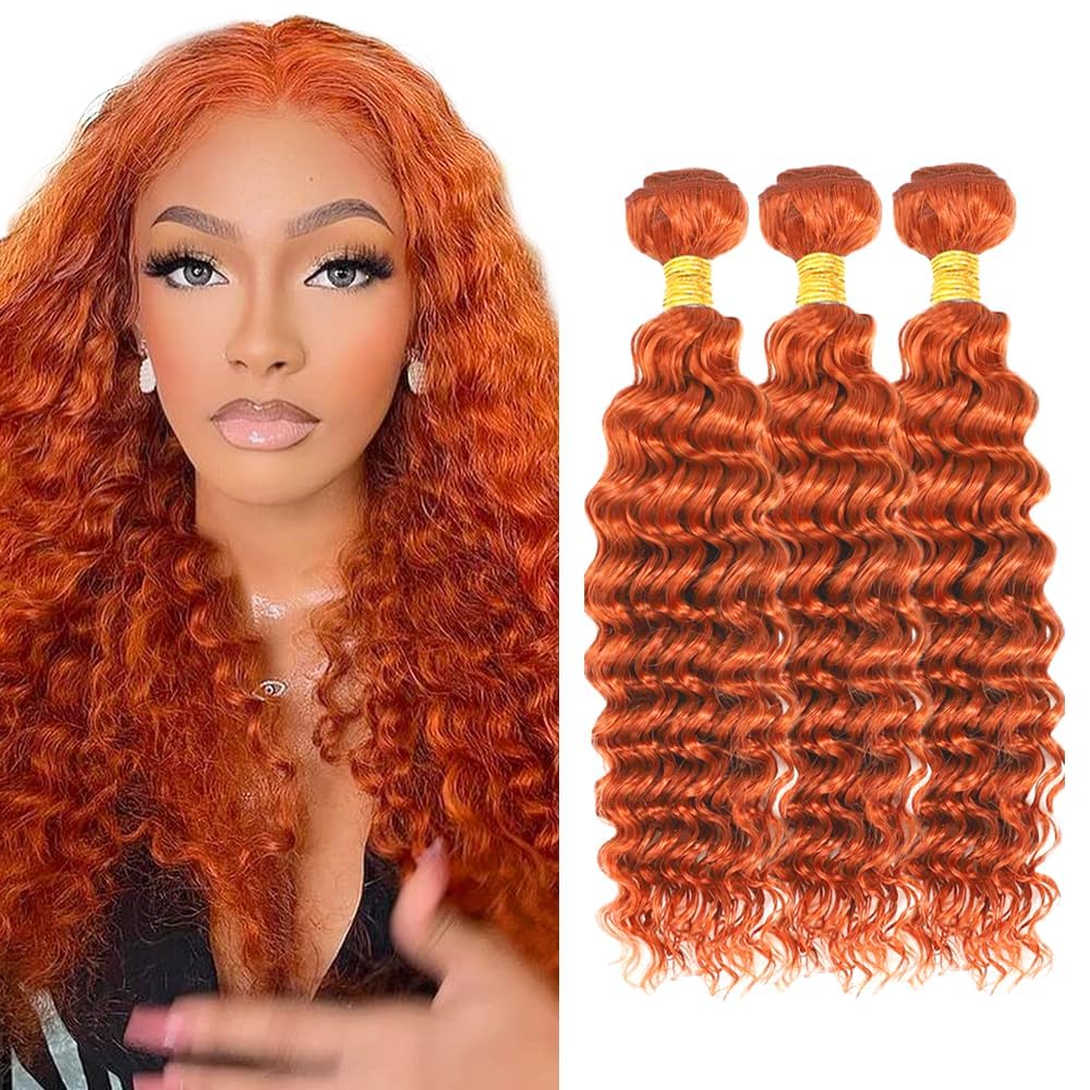 350 Orange Human Hair Bundles Ginger Deep Wave Bundle 18 20 22 inch AuokMar Mixed Length 3 Bundles Ginger Copper Hair Extensions 150g