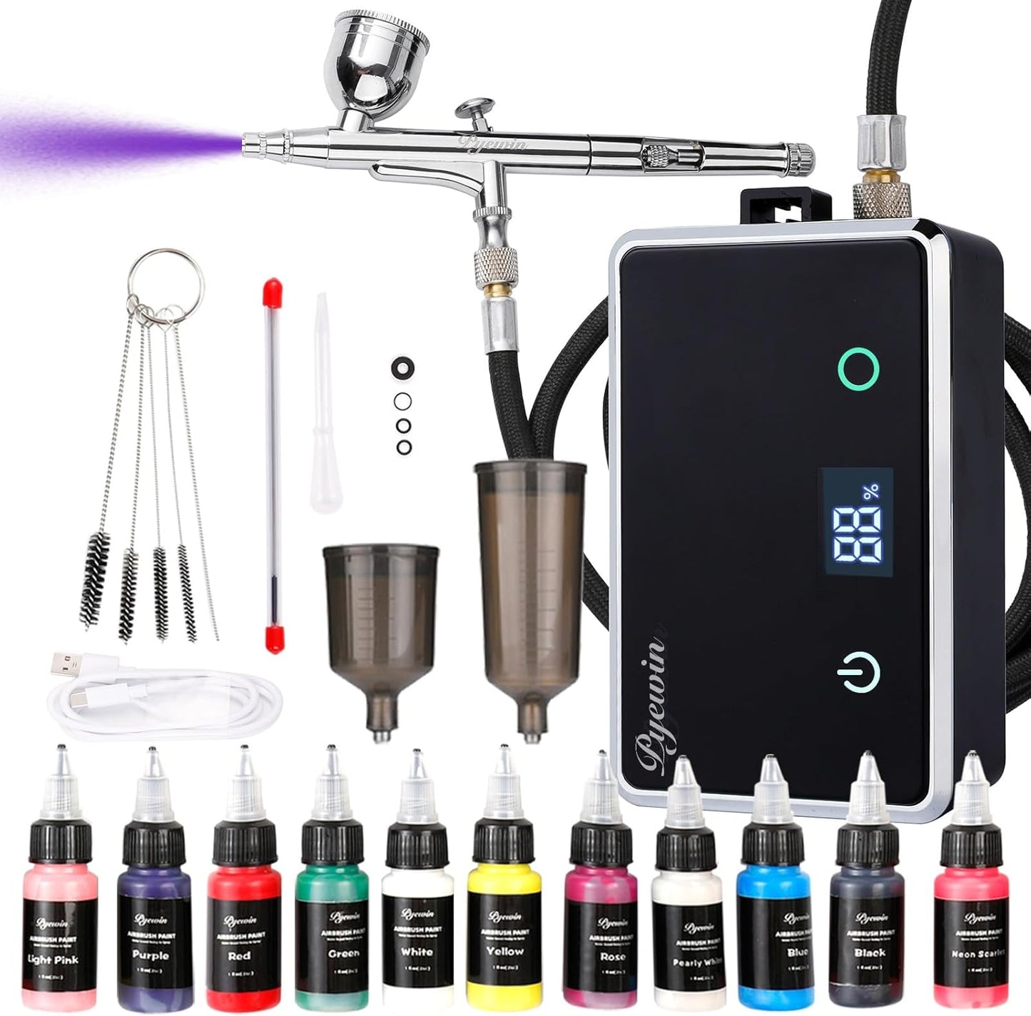 Cordless Airbrush Kit - 32PSI Portable Handheld Air Brush Gun with LED Display & 0.38mm Anti-Clog Nozzle | Rechargeable Set for Model Painting, Nails, Barber, Cake & Makeup
