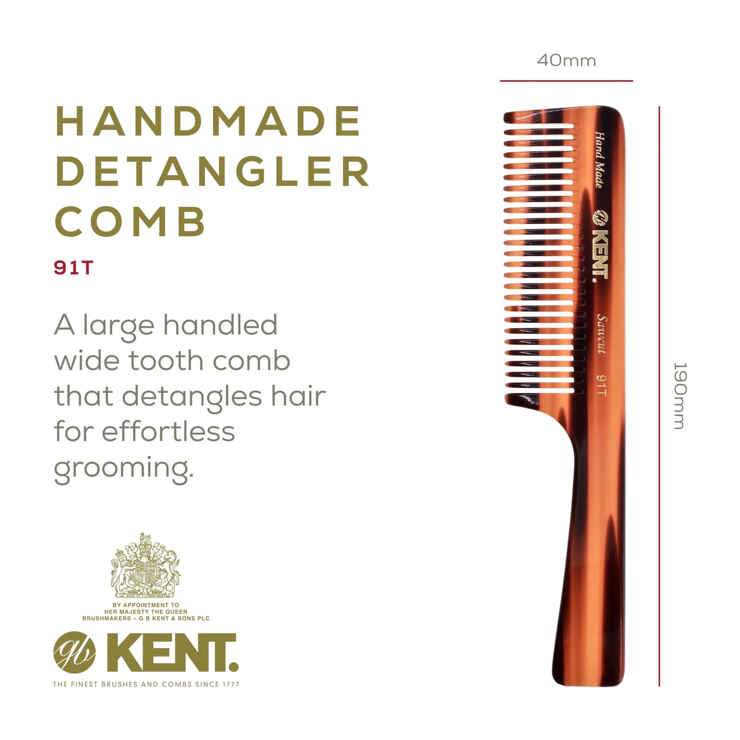 Kent 91T Wide Tooth Detangler Hair Comb for Women and Men - for Curly and Wavy Hair - Wet Hair Comb, Large Handle Wide Tooth Shower Comb for Effective Detangling, Saw-Cut Hand Polished made in England