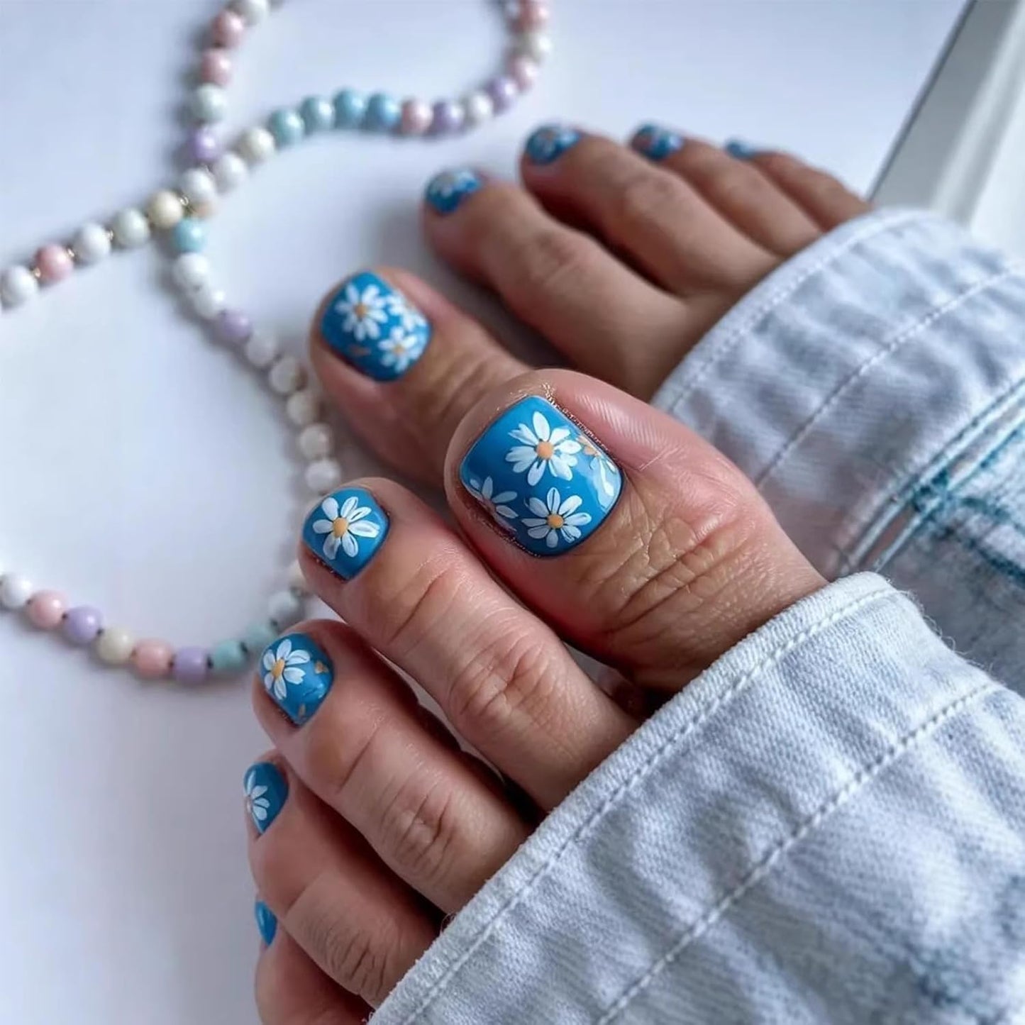 Press-On Toenails - Blue Starfish Short Square Acrylic Tips | Reusable Summer Beach Nails - 24 Pcs