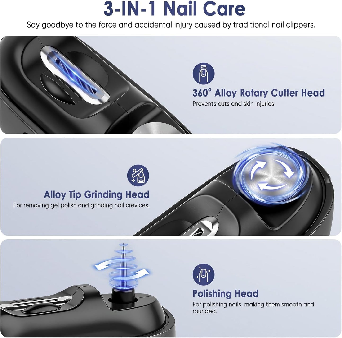 Electric Nail Clipper - Rechargeable Automatic Trimmer with Light & Storage | Ideal for Seniors & Adults (Black)