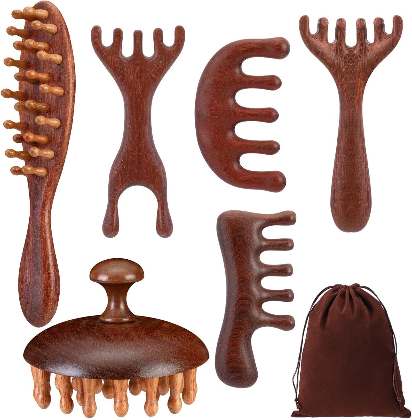 Natural Wooden Scalp Massager Comb Set - 6 Pcs with Flocked Storage Bag | Stress Relief & Hair Growth Tool